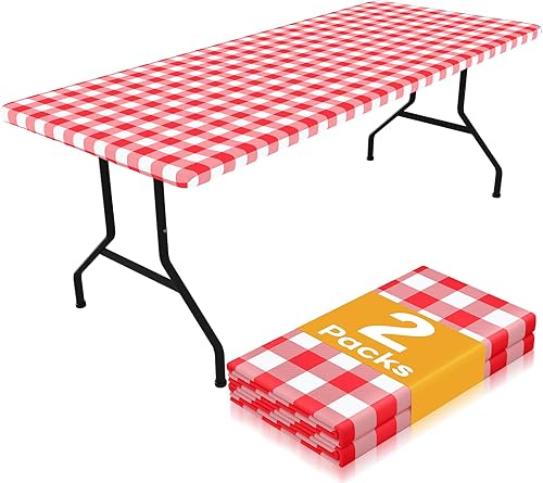 Miniatura 17 de Smiry - Juego de 2 manteles de picnic, manteles elásticos impermeables para mesas rectangulares de 6 pies, mantel de poliéster lavable de diseño