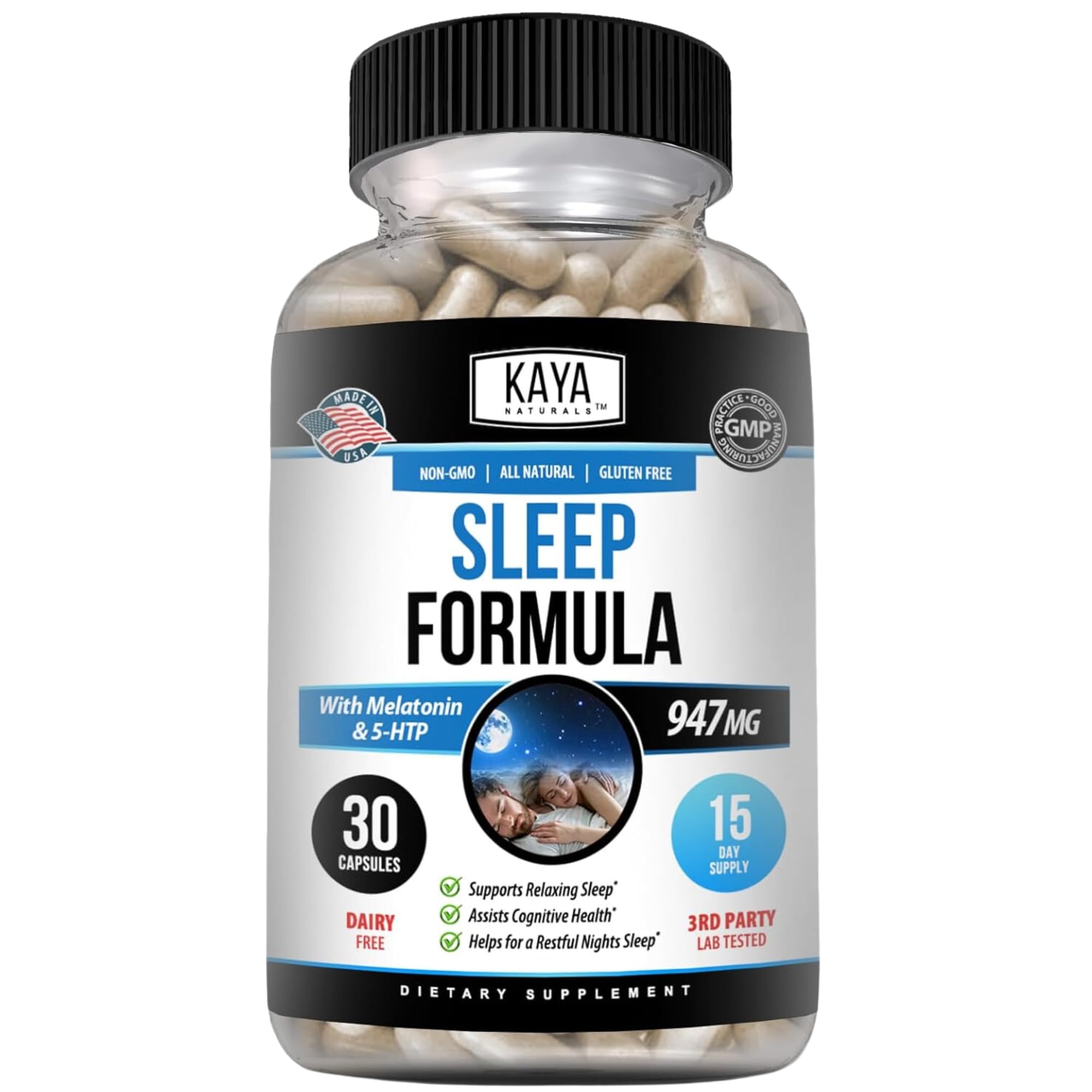 Kaya Naturals - Sleep Support Formula with Melatonin - Aid Support Vitamin Supplement - Sleep Stress and Mood