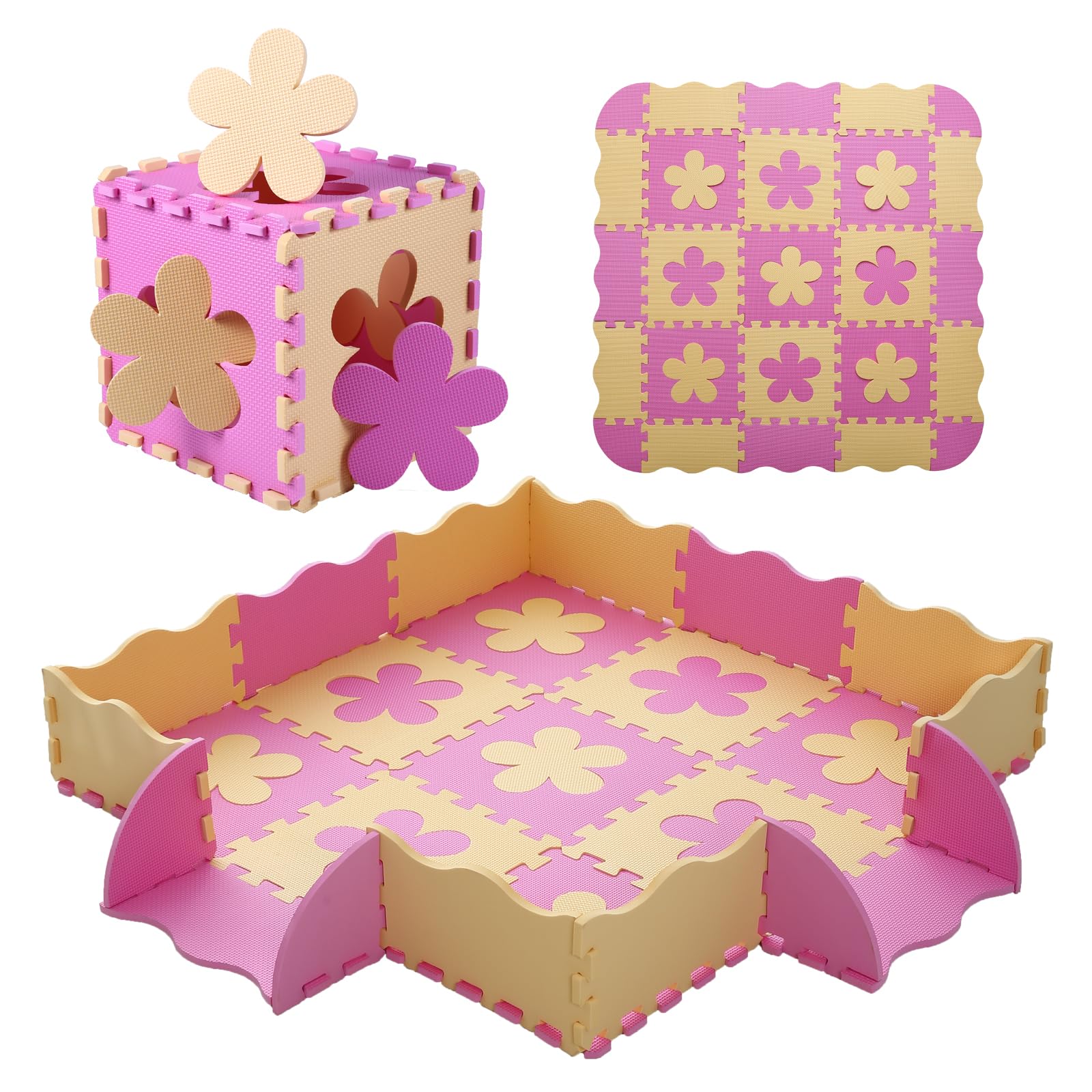 Tamiplay Foam Play Mat for Kids，25Pcs Square Interlocking Puzzle Floor Mat，Baby Play Mat Floor Mat Foam Puzzle Playmat for Toddlers with Fence（Pink