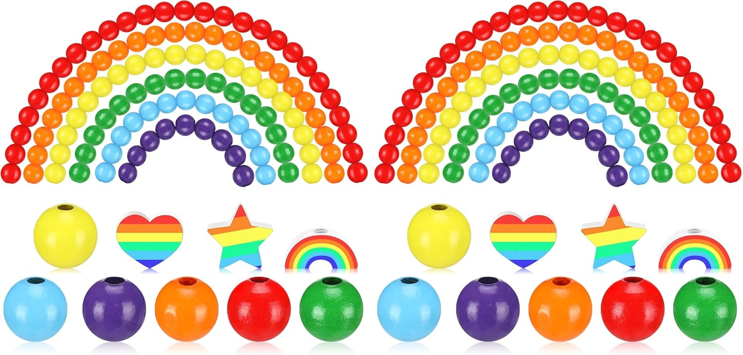 Bencailor 240 Pcs Colorful Wooden Beads Rainbow Wood Christmas Bead for Crafts 14/16/20mm Round for Gay Pride DIY Holiday Garland Party Tree Hanging Home(14mm Beads) (Pack of 2)