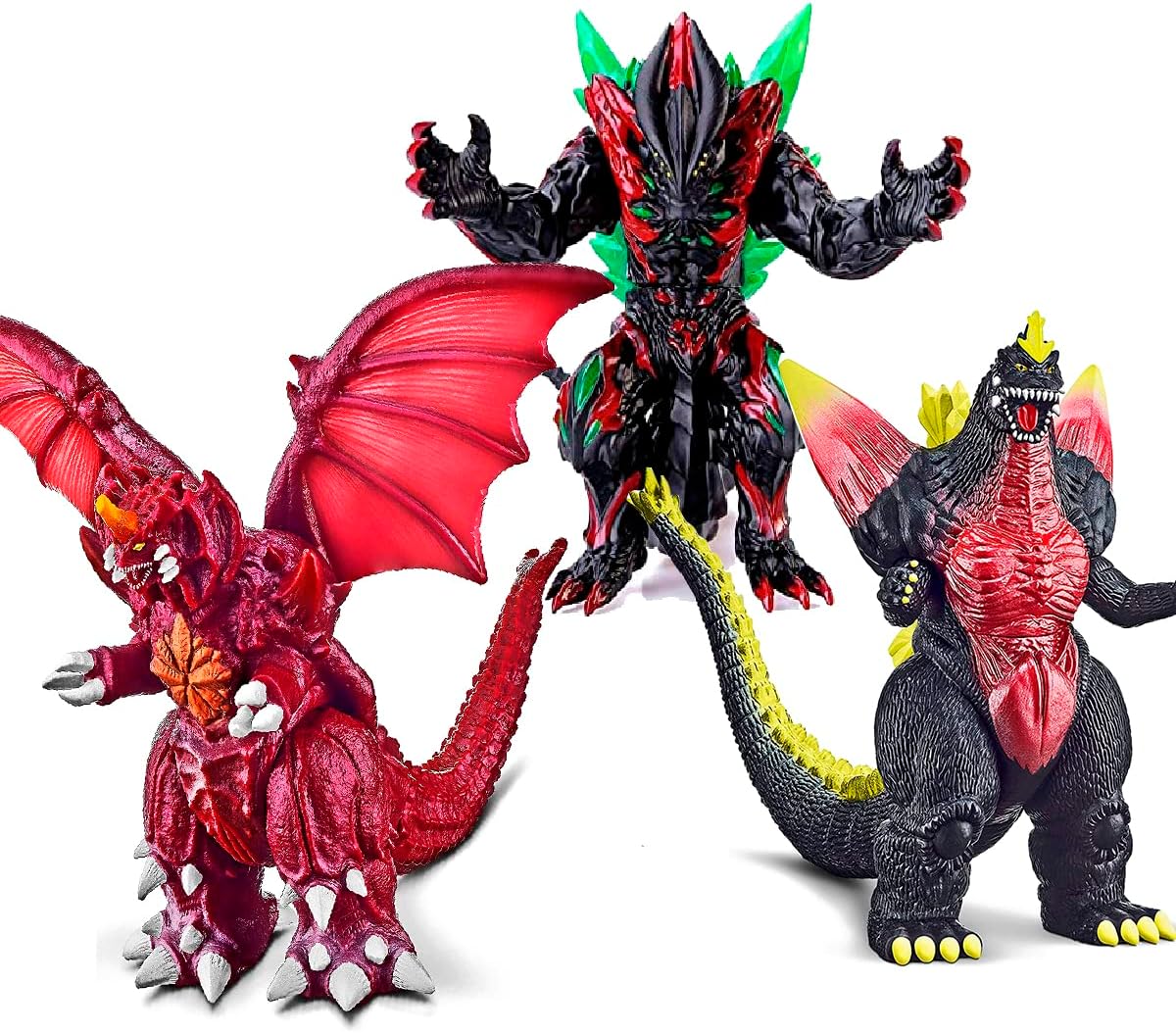 3pcs Dragons Figures Monsters - 15" & 12" Head-to-Tail, Large Movable Joints Action Movie Series Soft Vinyl