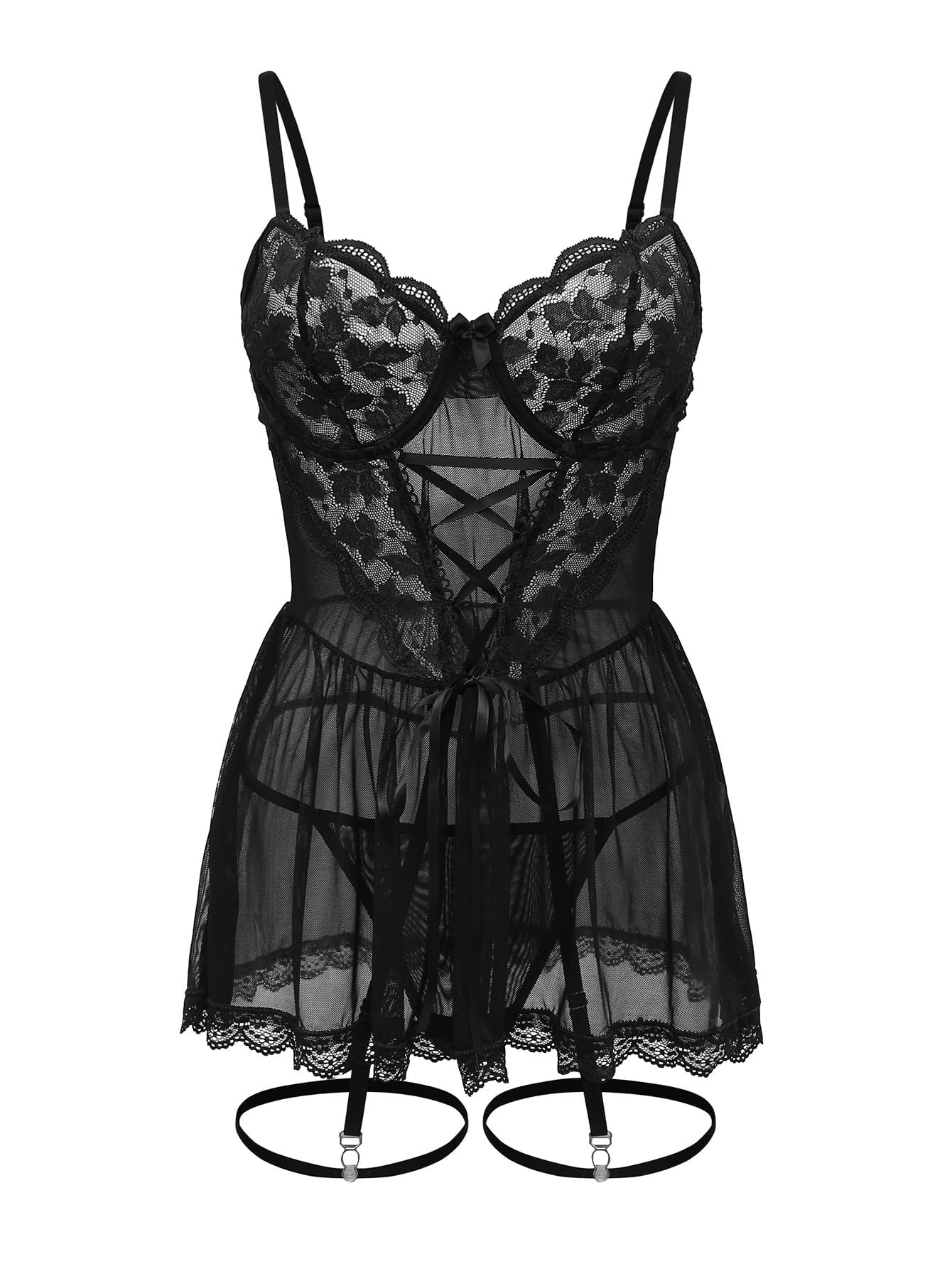 Foxiny Sexy Floral Lace Mesh Sheer Garter Babydoll Lingerie Dress Corset Outfit Set with Thong 3 Piece: 2X-Small Black