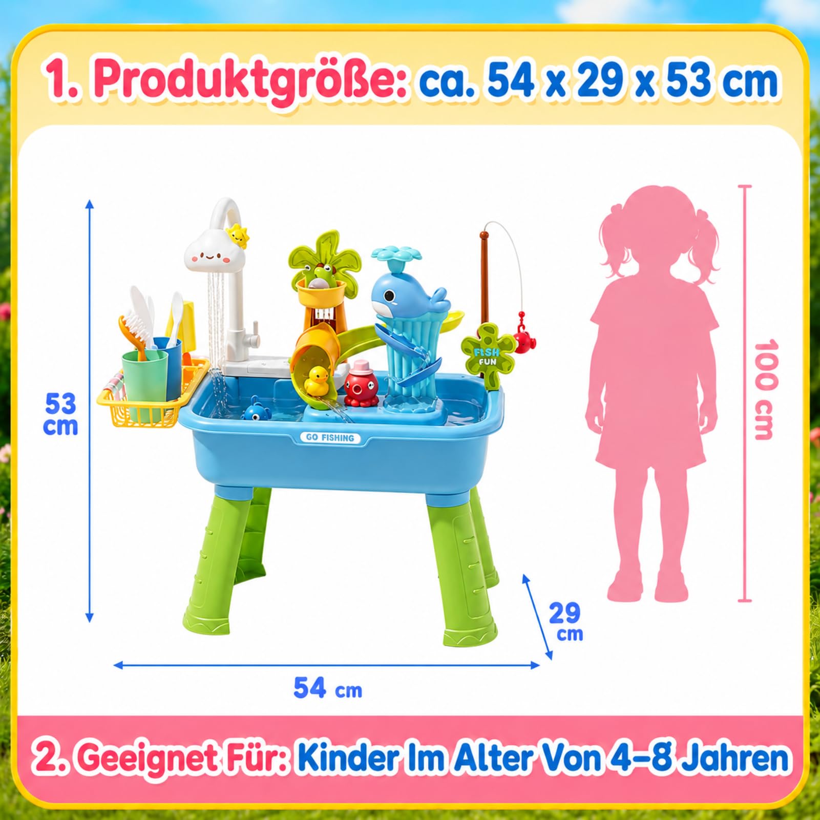 Generisch Wasserspieltisch Outdoor - Mit Pumpe Und Wasserpumpe | Spielbecken Mit Fließendem Wasser | 54x29x53cm | Für Kinder & Mädchen 4-8 Jahre | Garten, Terrasse, Camping