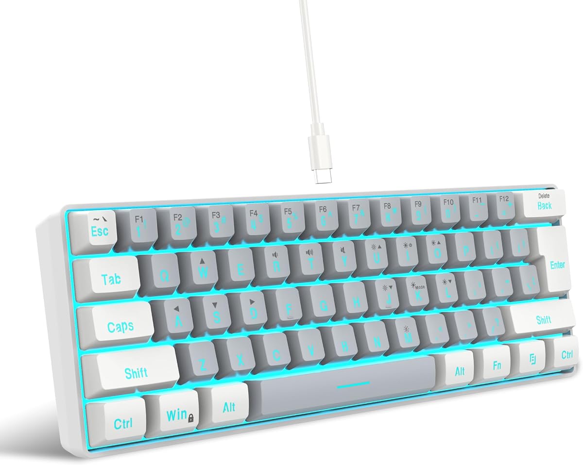 Snpurdiri 60% Wired Gaming Keyboard, 61 Keys RGB (White-Grey) | Small Ultra-Compact Backlit 60 Percent Gaming Keyboard for PC/Mac Gamer, Typist, Travel, Easy to Carry on Business Trip