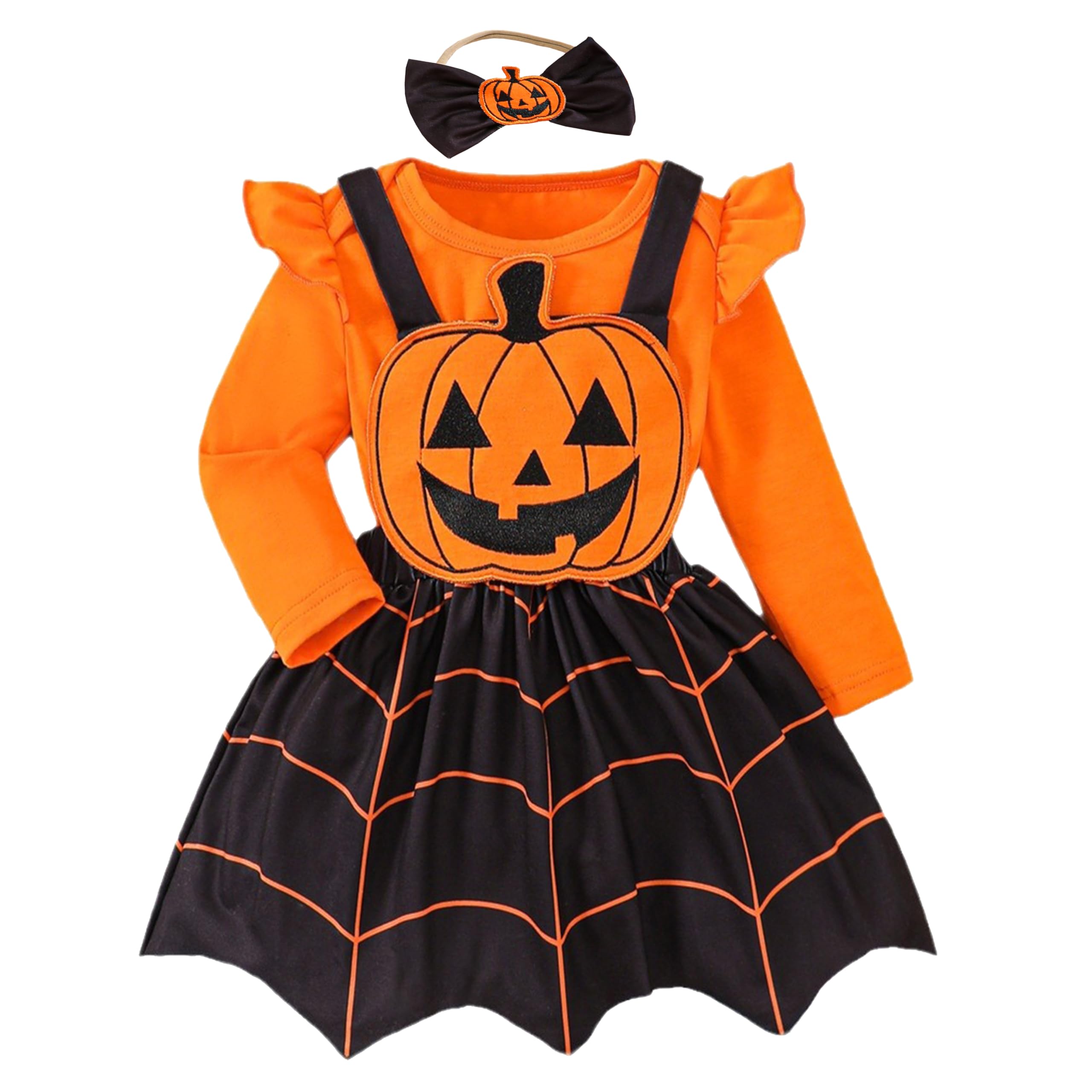 LIKPOJA Newborn Baby Girls 1st Halloween Outfit - Pumpkin Romper Dress & Tutu Skirt + Bow Headband (6-12 Months)