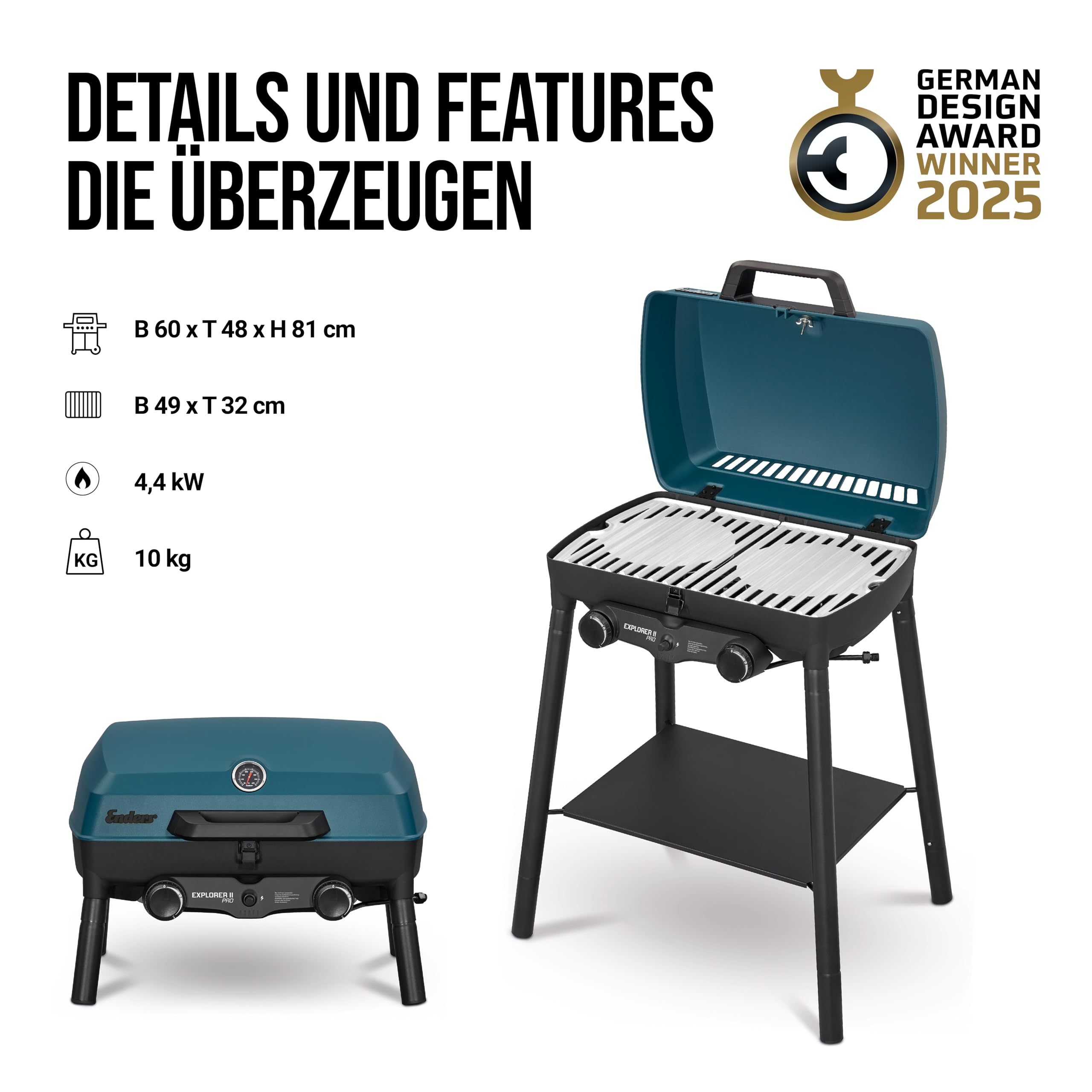 Enders® Camping Gasgrill EXPLORER II PRO, integriertes Grill-Thermometer, Grillen-, Kochen-, Backen Funktion, 2 Brenner Edelstahl, kleiner Balkon-Picknick-Grill - Aluguss-Grillwanne, #2108