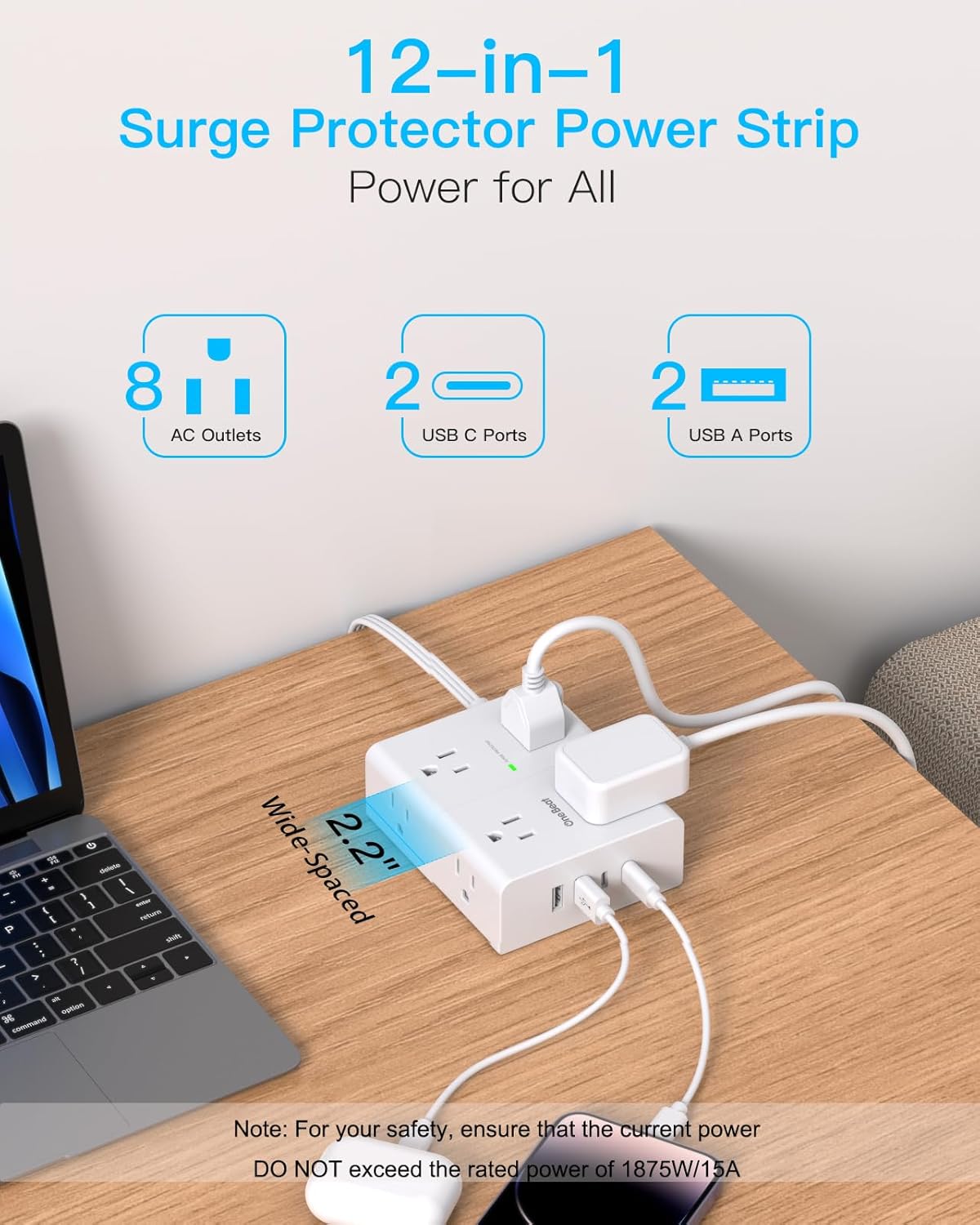 Surge Protector Power Strip 20 ft Cord, Flat Plug Extension Cord with 8 Outlets 4 USB Ports(2 USB C), 3 Side Wall Mount Outlet Extender, Long Extension Cord for Home Office Dorm Room Essentials