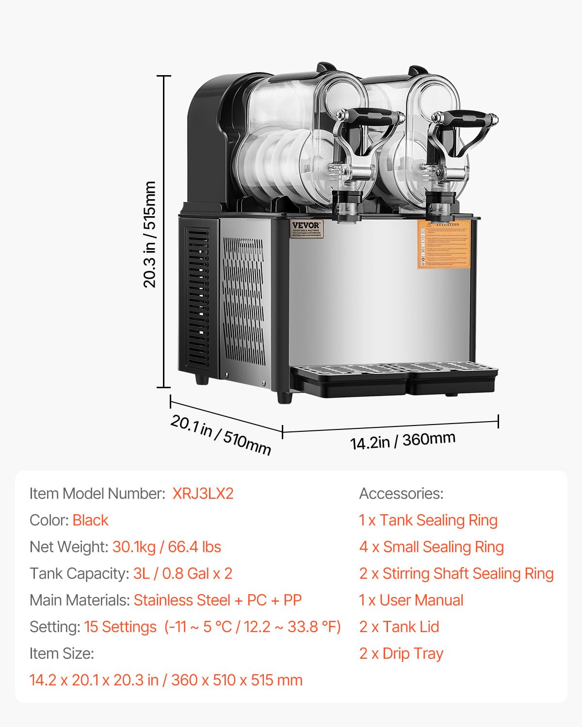 VEVOR Machine à Granité Commerciale 2x3L Double Réservoir, Machine à Boissons Glacées en Inox de 24 Tasses, Distributeur de Boissons Frappées Granitas Margarita Smoothie, pour Restaurants Cafés Bars