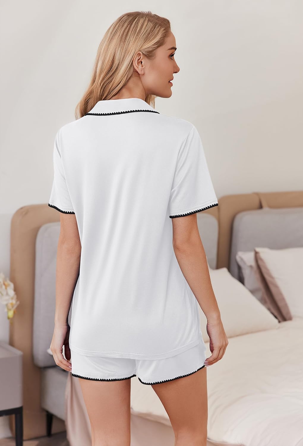 Ekouaer Pajamas for Women Set 2 Piece Soft Button Up Pjs Short Sleeve Summer Lounge Sets Comfy Sleepwear - Image 3