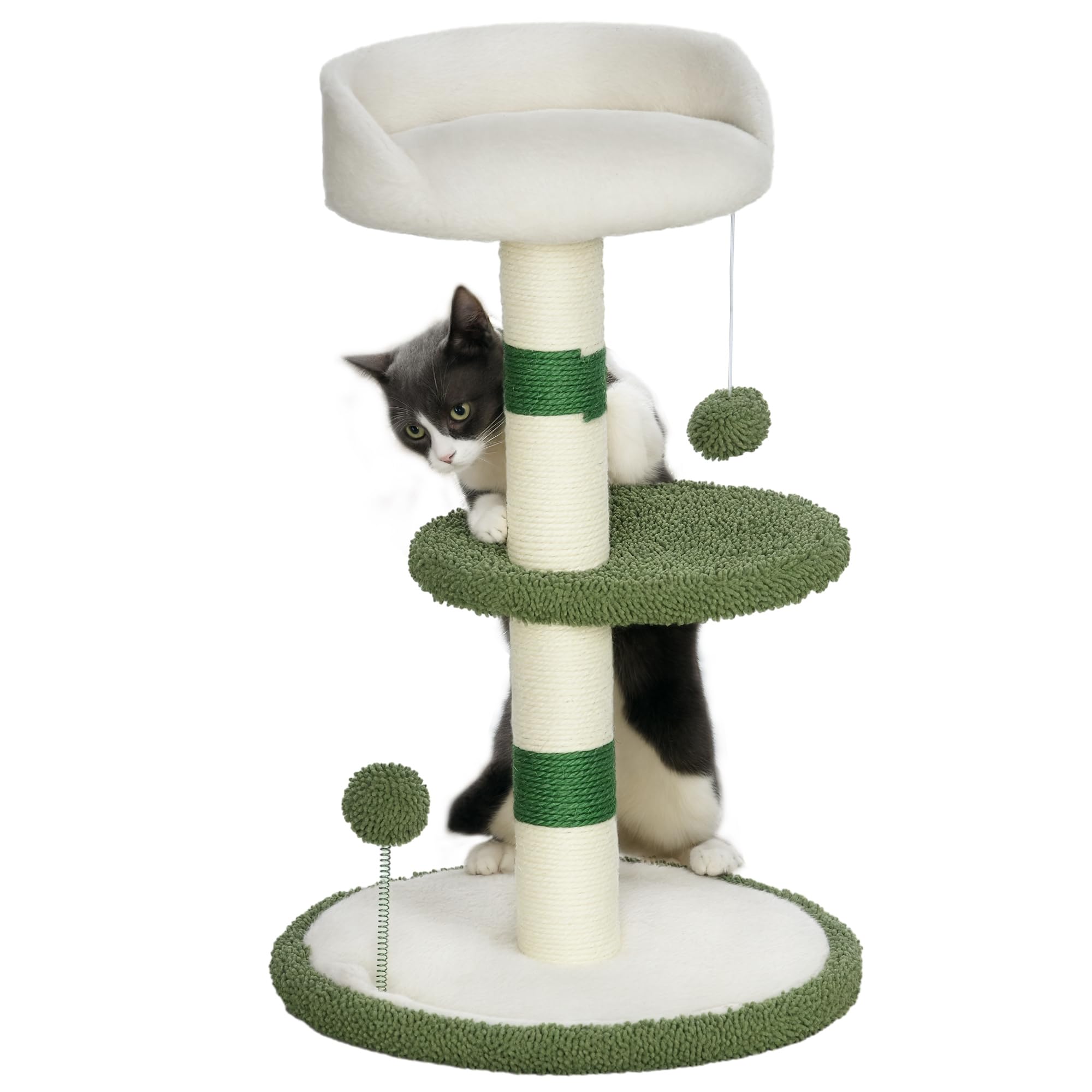 PawHut Arbre à Chat griffoir avec lit 2 balles Vert & Blanc | Plateforme, poteau en sisal, gym pour chat, revêtement chenille & peluche