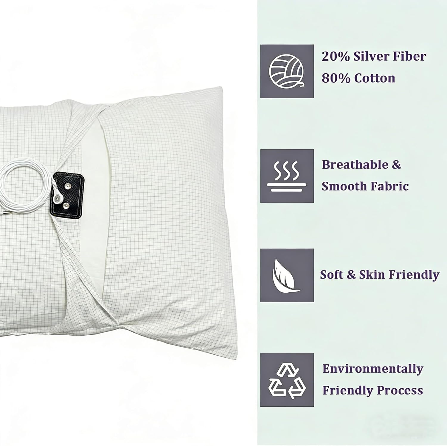 Upgraded 20% Silver Fiber Grounding Pillowcase, 80% Organic Cotton Grounded Bed Pillow Cover for Better Sleep Reduction Inflammation, Queen 20x30 Inch, White