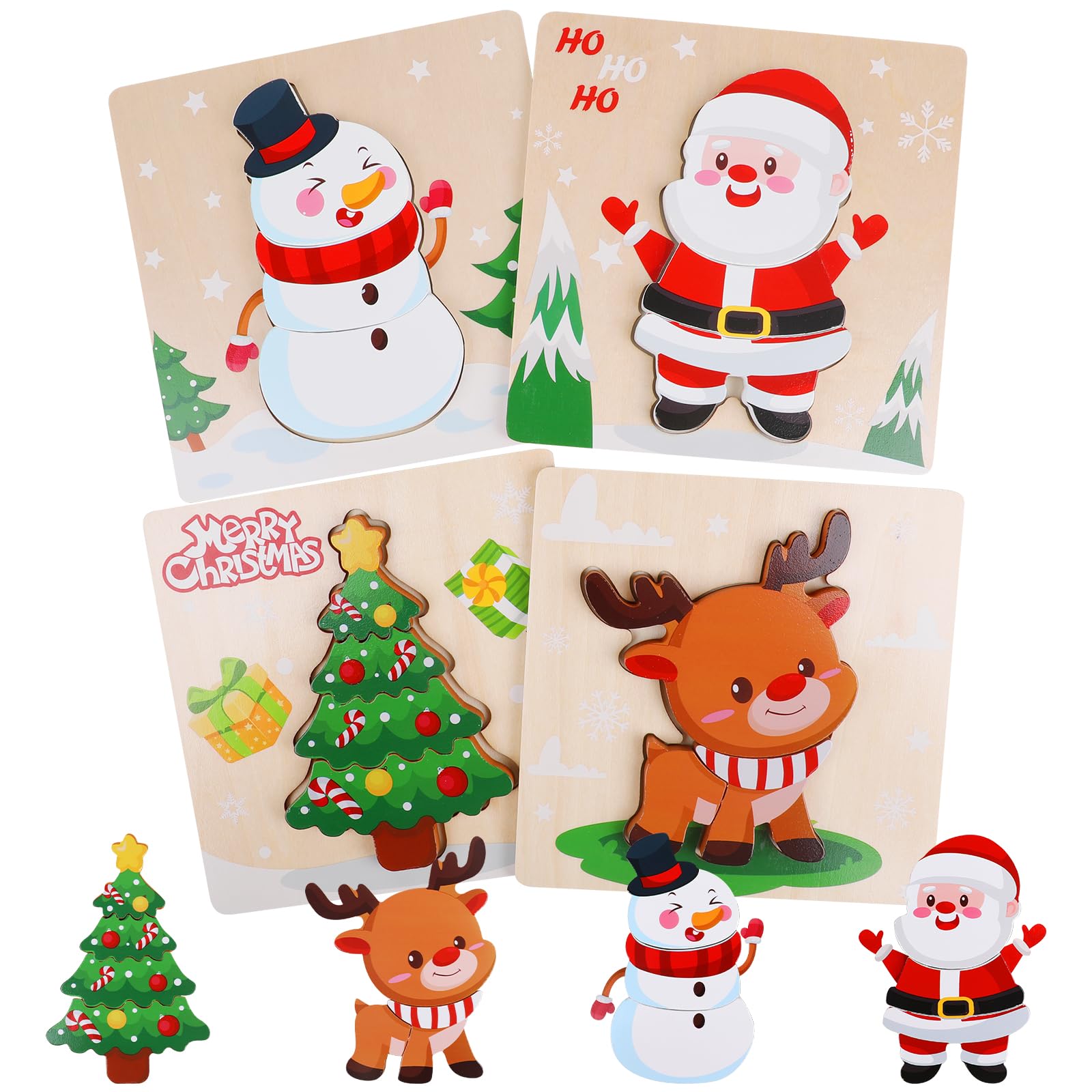 CCINEE 4 Pack Christmas Wooden Puzzles for Kids, Xmas Wooden Jigsaw Puzzles Montessori Toys for Xmas Party Favors Toddlers Gift Classroom Prizes