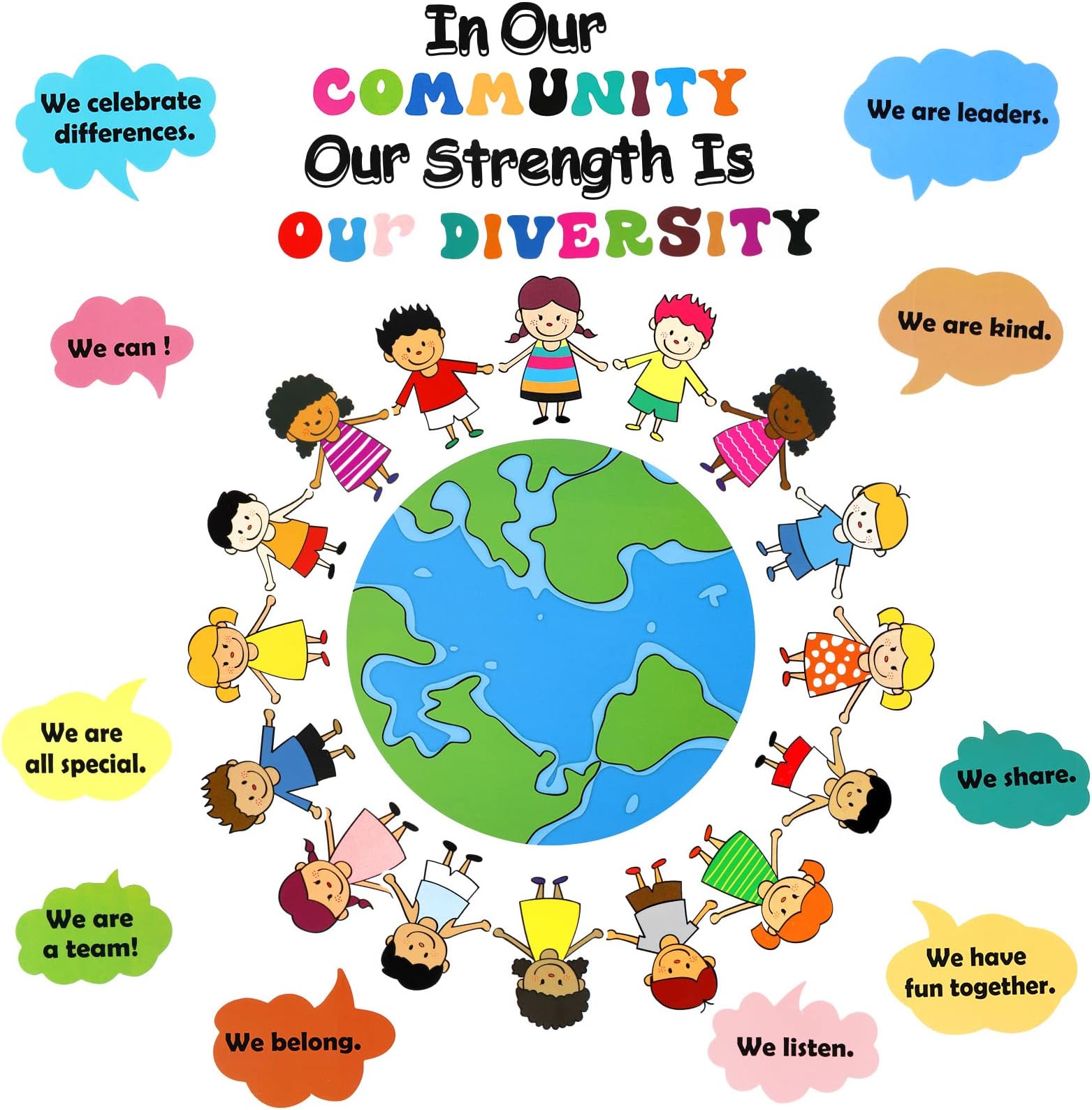 31 Pcs Bulletin Board Decoration Set Classroom Decorations Diverse Children Borders Cutouts for Party School Student Teacher (Our Strength is Our Diversity)