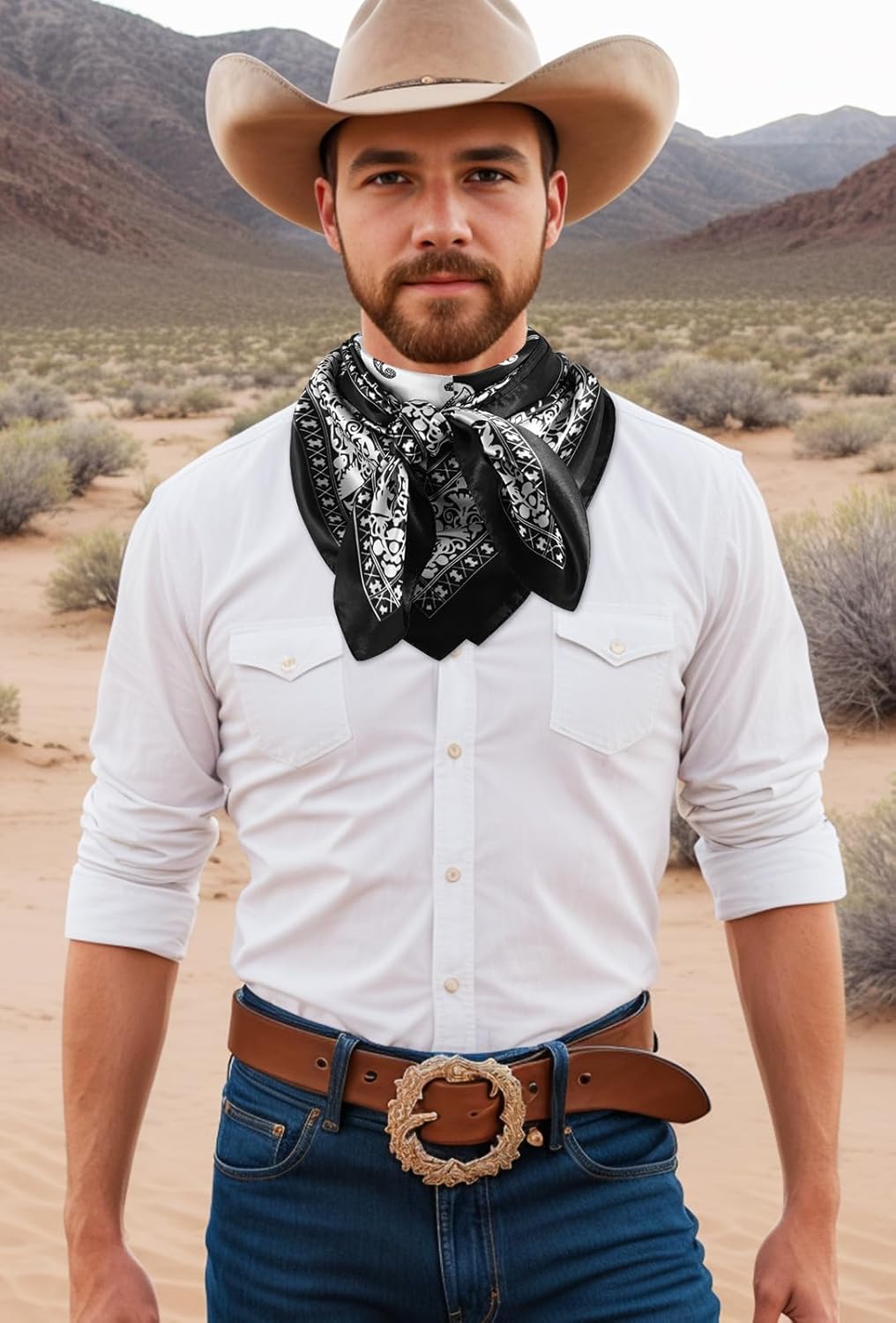 GERINLY 35 Inch Wild Rag Cowboy Scarves for Men, Large Rancher Neckerchief Silk Feel, Oversize Western Bandana - Image 3