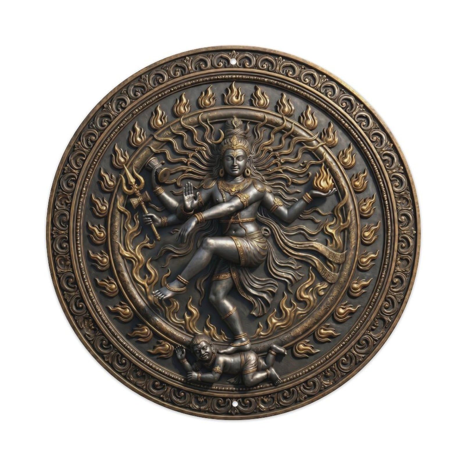 Fqcyn Style Hindu Deity Shiva Tandava Destruction Dance Fury Relief Sculpture Metal Tin Sign Plaque Wall Decor For Cafe, Club Bar, Office, Home Garden Round Metal Poster 8X8inch