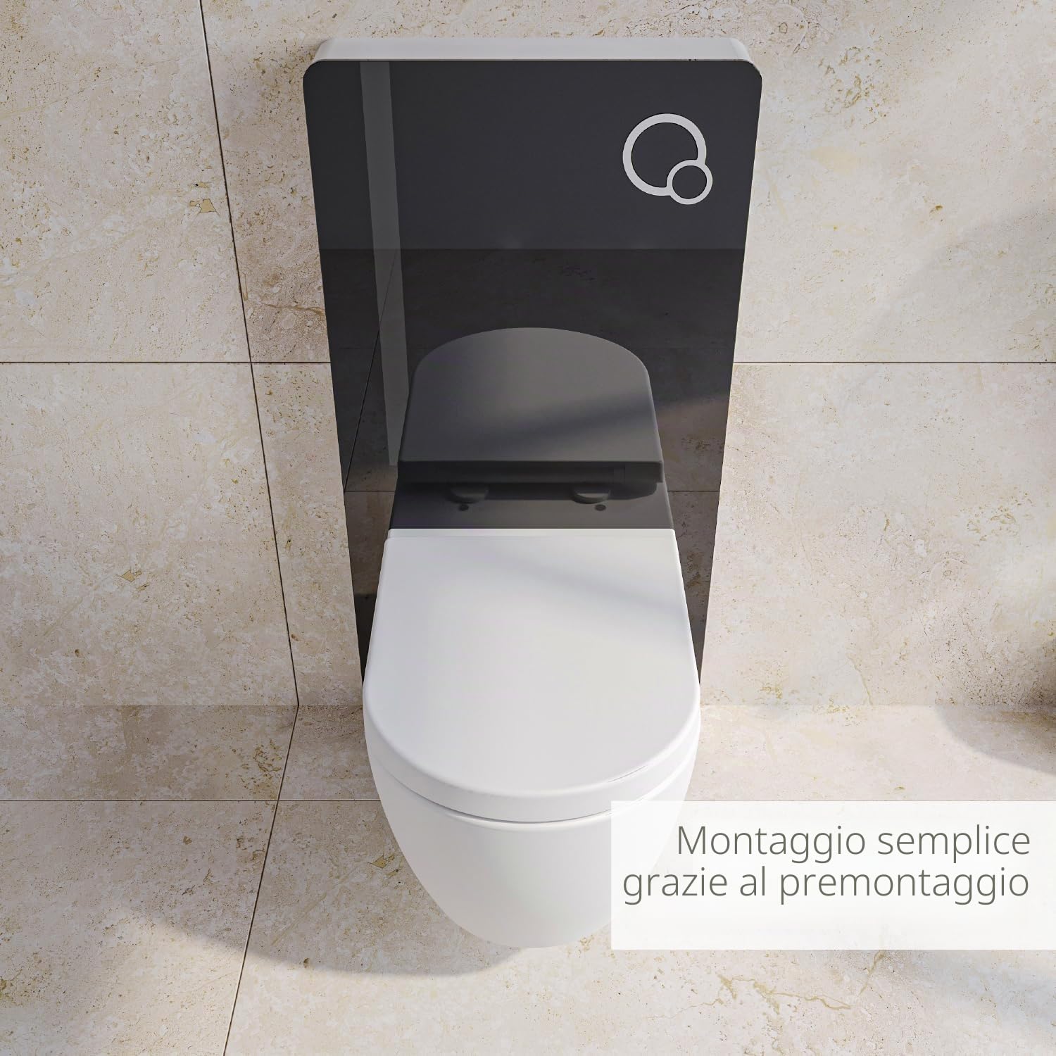 sistema modulo sanitario 805 di installazione per WC vaso sospeso a parete esterno- con pulsante di scarico - in alluminio e vetro nero - cassetta monoblocco - bella e funzionale