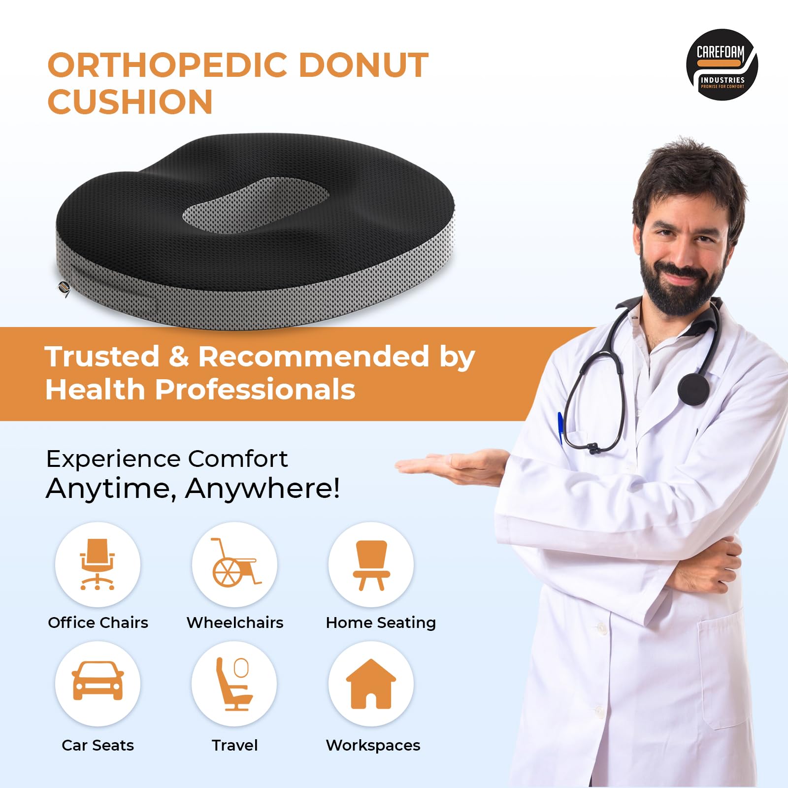 CareFoam Orthopedic Memory Foam Donut Cushion for Piles, Hemorrhoid, Tailbone & Hip Pain Relief | Ergonomic Pressure Relief Cushion for Office Chair, Car, Home & Wheelchair Use 2