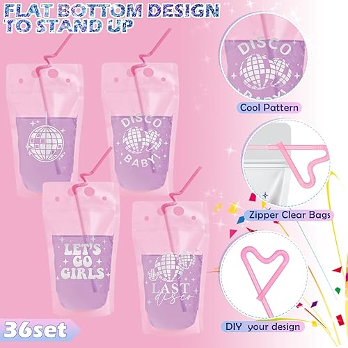 Miniatura 4 de Hoolerry 36 juegos de bolsas de discoteca para bebidas de adultos, bolsas de bebidas de fiesta de los años 70 con pajitas, bolsas resellables con