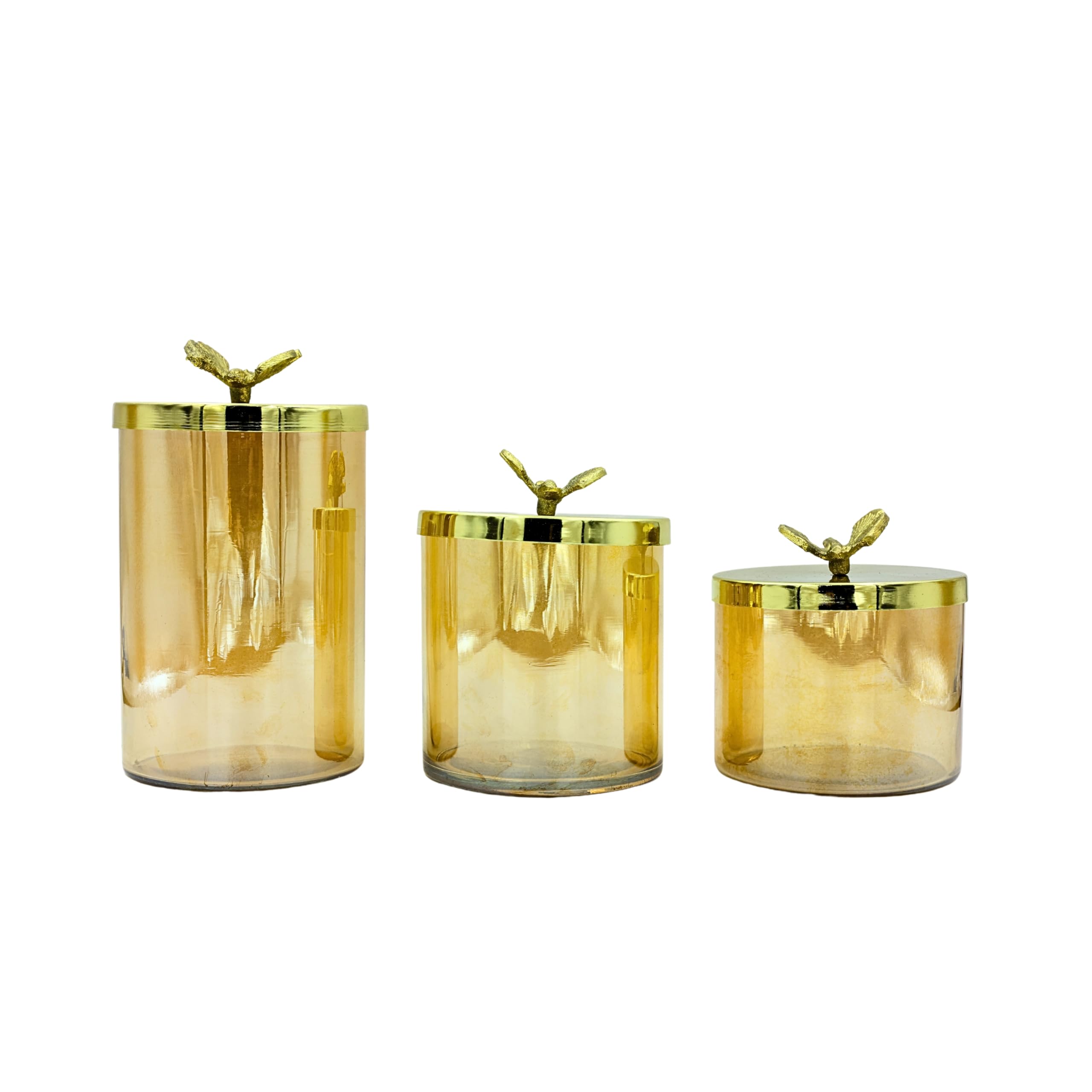 NATRIEL Multi Utility Festive Look Decorative Snacks Glass Jars With Golden Finish Lid, Set of 3 Gold, Modern Cylinder Jar (Large, Medium, Small)