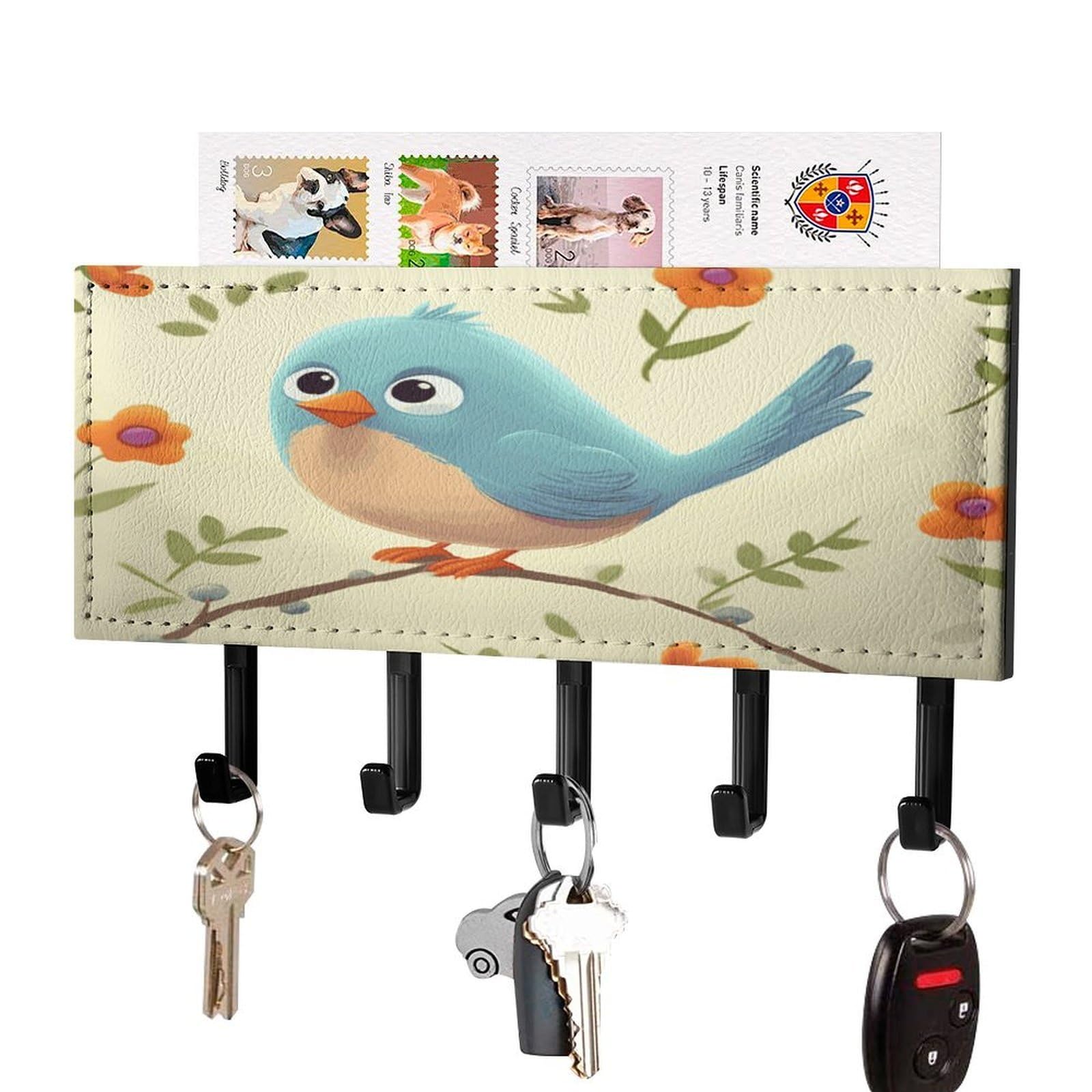 Soporte para llaves de pájaro de pared con estante organizador de madera rústica y 5 ganchos