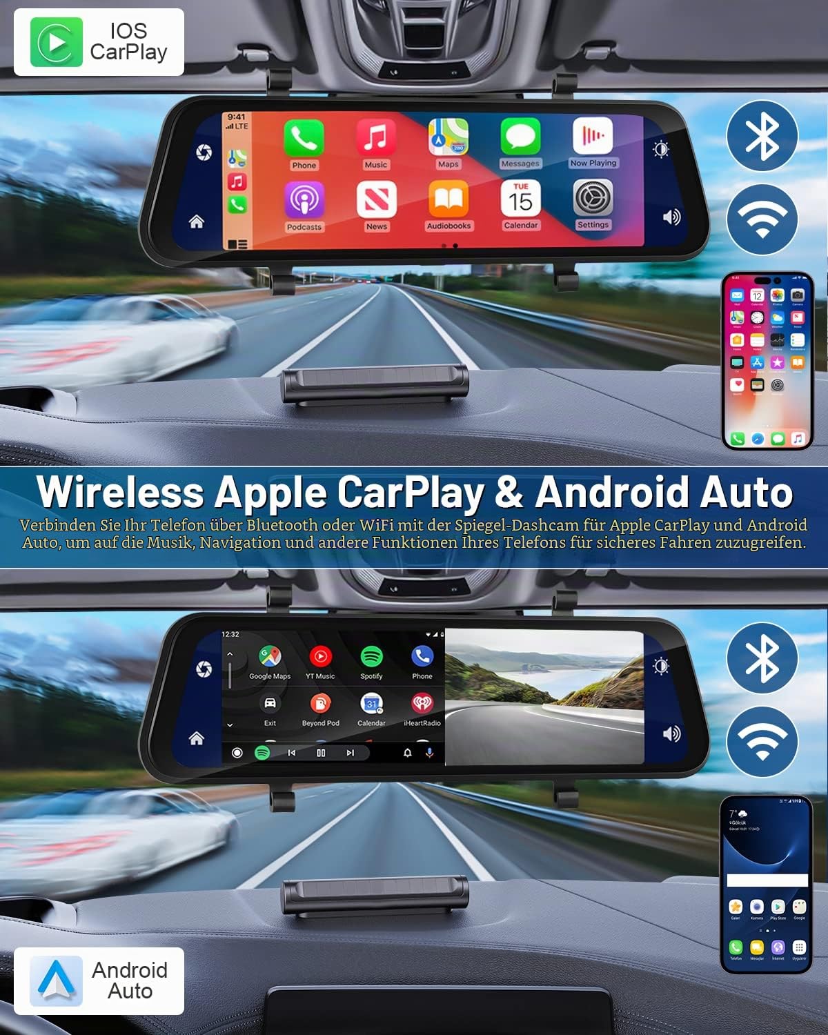 Hikity 9.66 Zoll Carplay Spiegel Dashcam mit Rückfahrkamera, Android Auto, Stimmenkontrolle GPS G-Sensor Super Nachtsicht WDR, Loop-Aufnahme Einparkhilfe Parküberwachung 32G SD-Karte