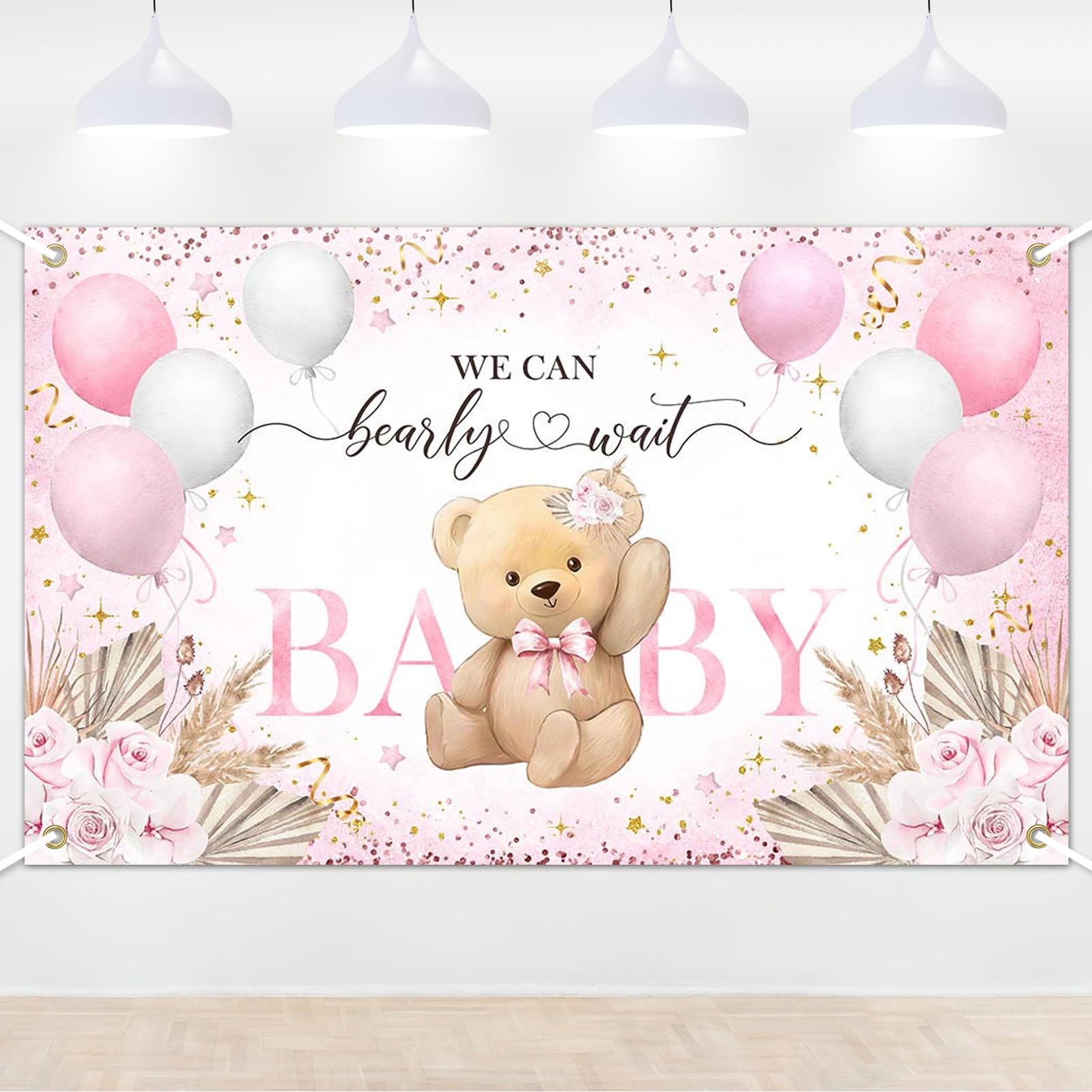 Lecheme Pink Bear Baby Shower Backdrop 6x3.6 ft We Can Bearly Wait Banner for Girl Baby Shower Decorations Photo Booth Props