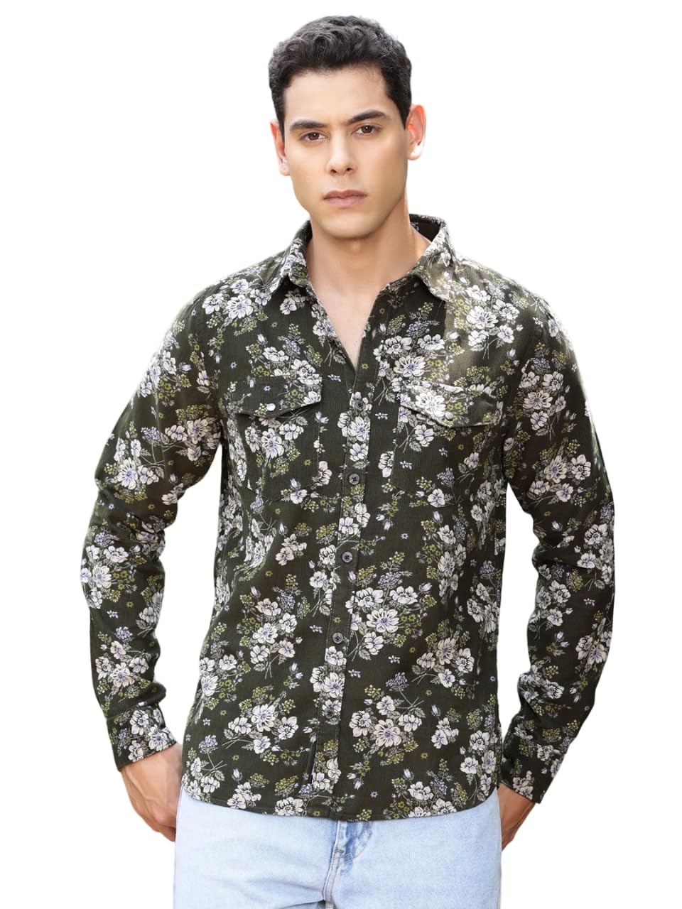 Thomas Scott Men's Pure Cotton Floral Print Semi Formal Shirt, Green, M