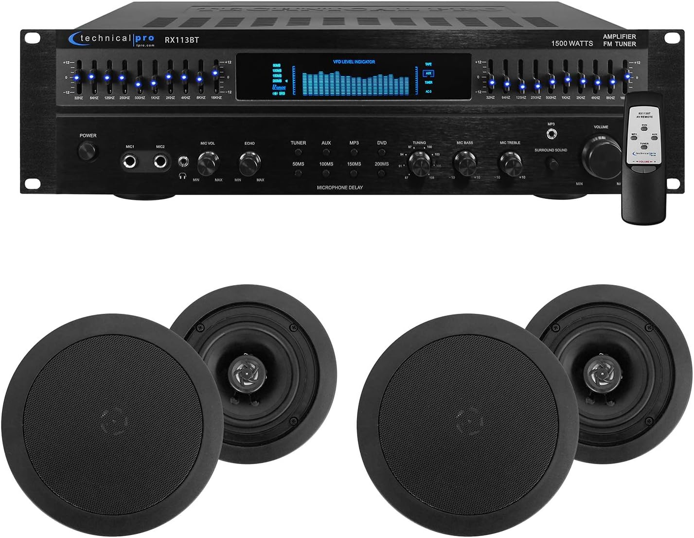 Technical Pro Home Theater Amplifier Receiver+(4) 5.25" Black Ceiling Speakers