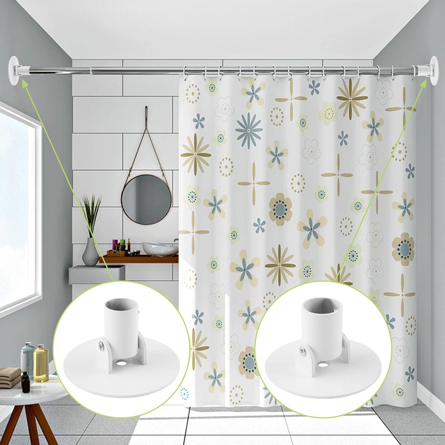 Adjustable Shower Curtain Rod Bracket, 2Pcs Different Sizes Titanium Steel Single Swivel Flange Heavy Duty Closet Rod Holder with Screws (White, Inner Dia. 22mm & 26mm)