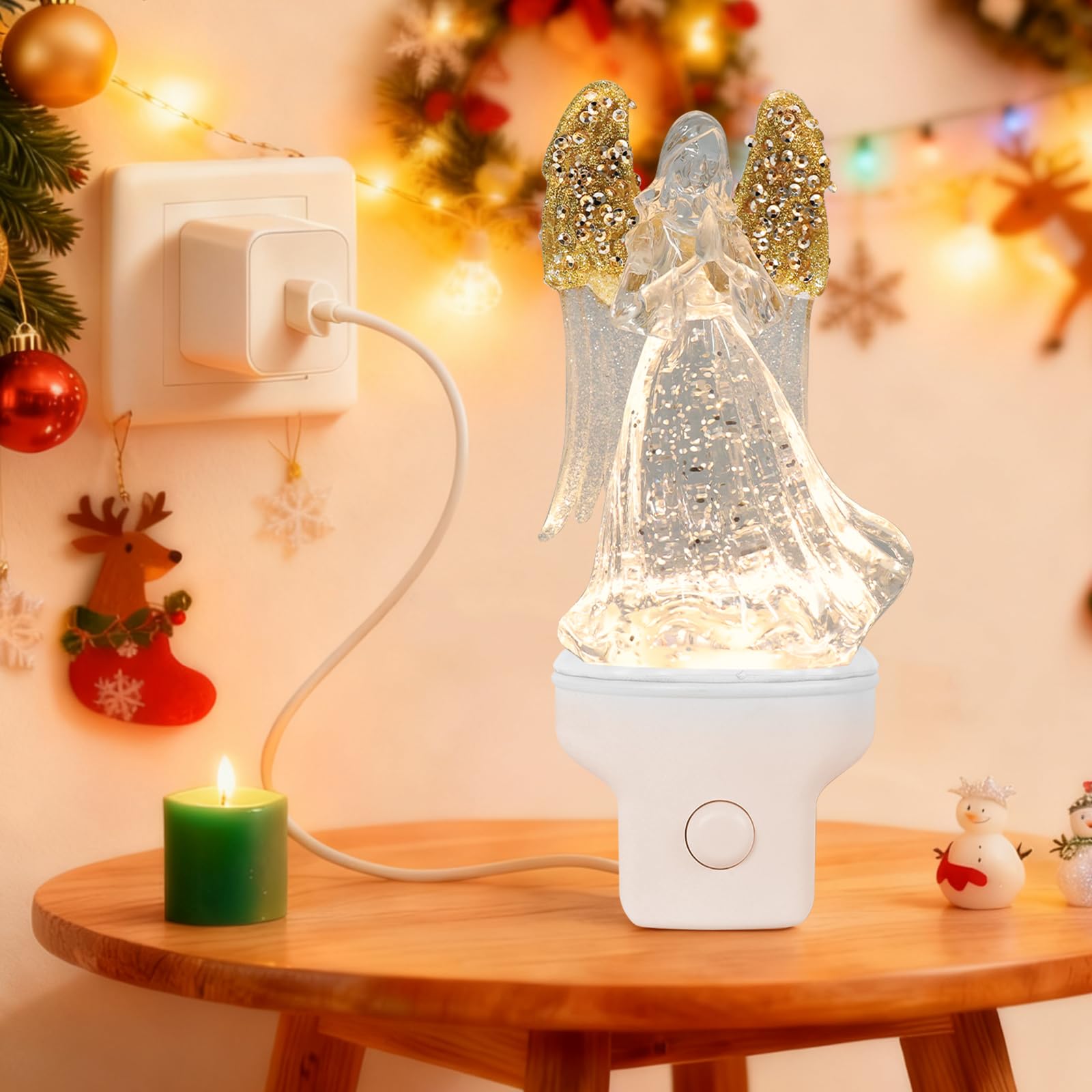 Yuxelulmai Christmas Angel Night Light Plug into Wall Swirling Glitter USB Portable Christmas Decorative Night Light Decoration for — view 6