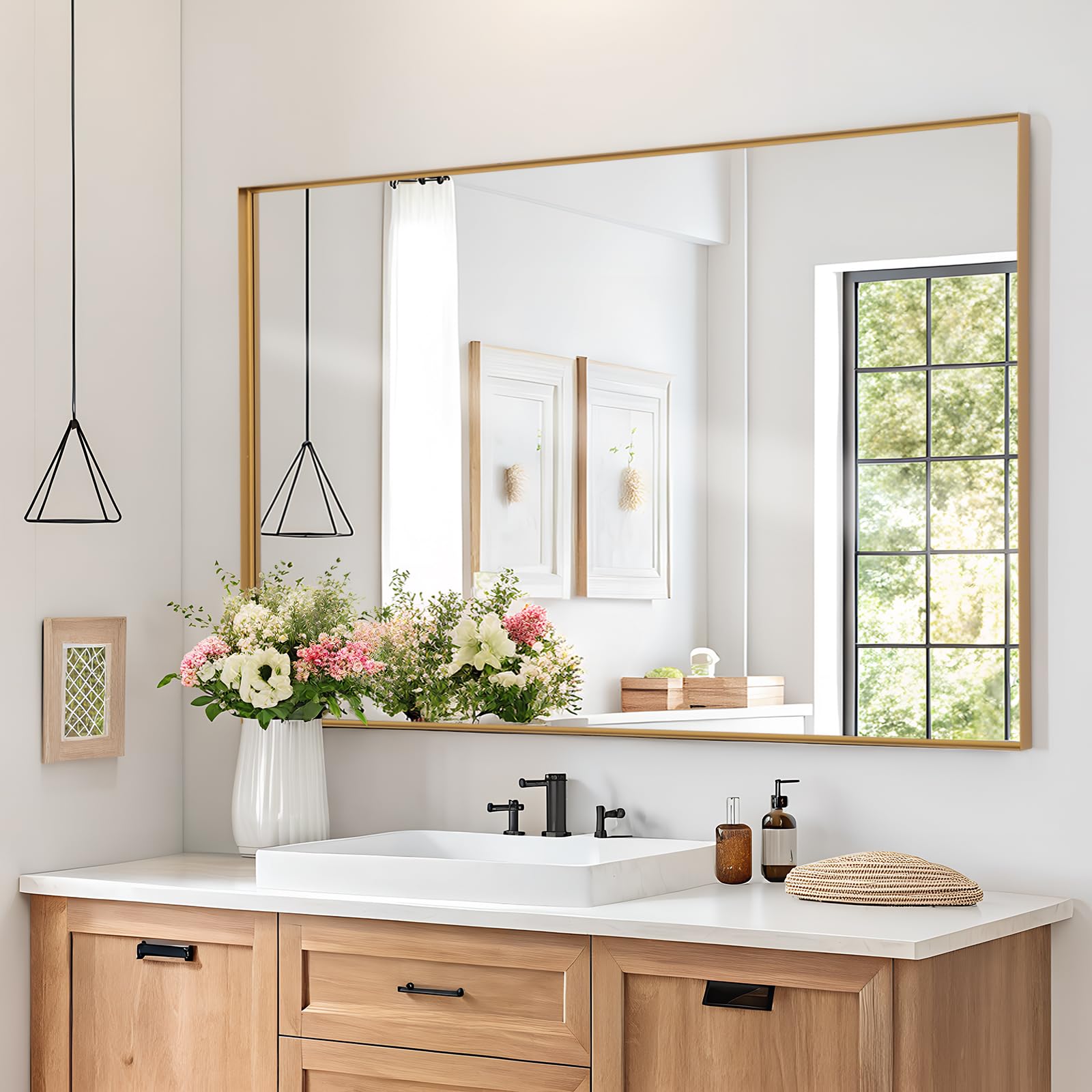 Photo 1 of Melodieux Wall Vanity Bathroom Mirror for Over Sink, 30"x48" Rounded Rectangle Metal Deep Frame Wall Mounted Mirror Wall Decor for Living Room Hallway, Gold