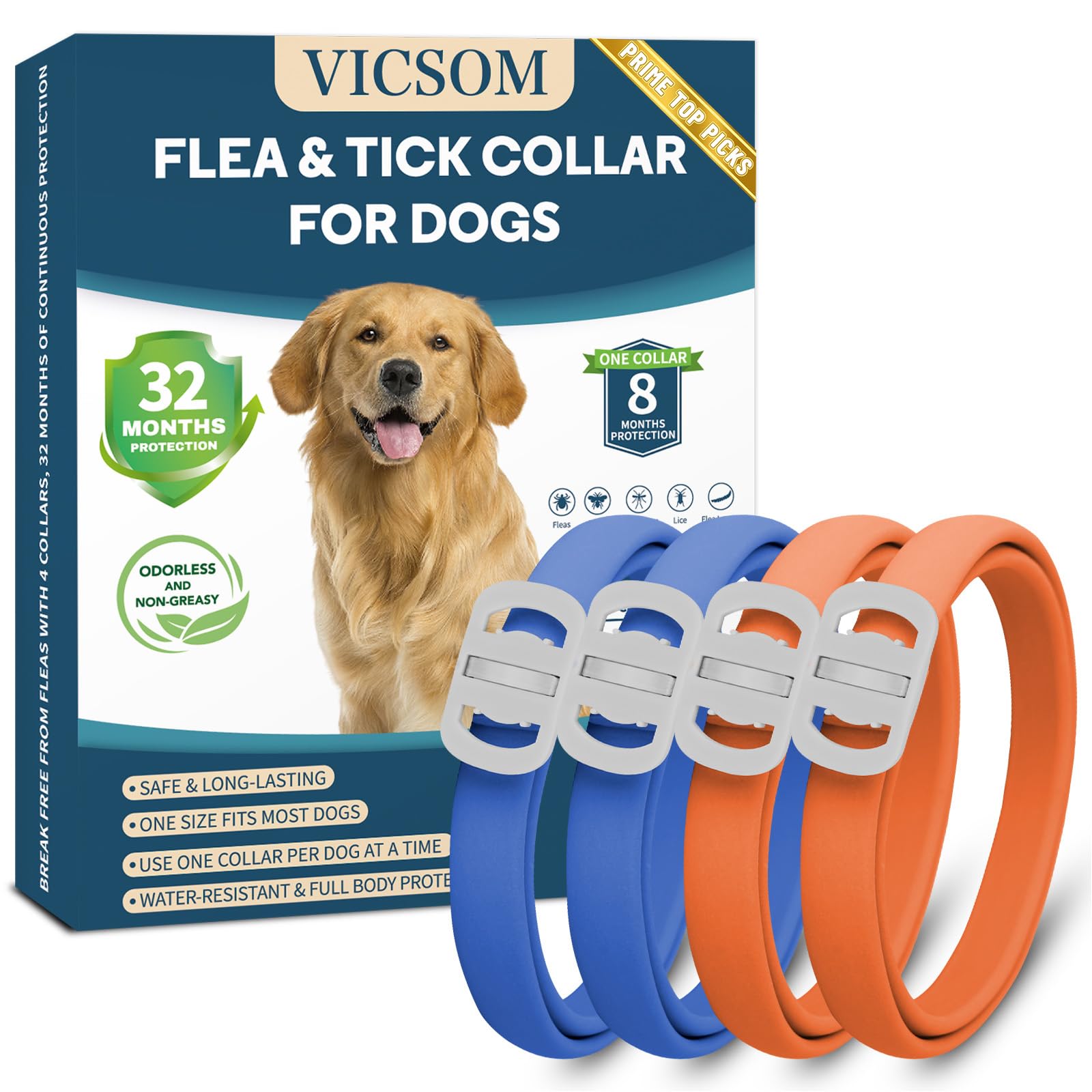 VICSOM 4-Pack Flea and Tick Collar Blue and Orange
