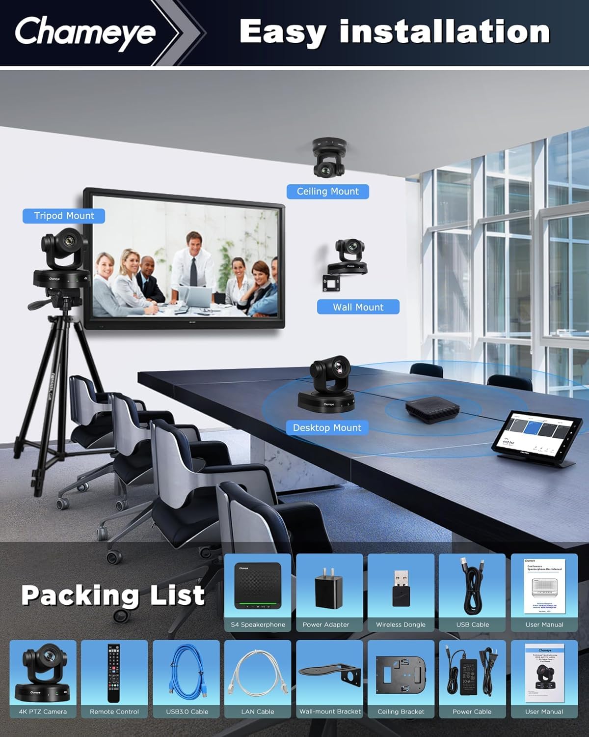 Chameye Set di 4K PTZ telecamera per conferenze con Microfono per conferenza Bluetooth, Zoom 20x, tracciamento automatico AI, USB 3.0, HDMI, telecamera per videoconferenze PTZ per Teams, Zoom (CB201)