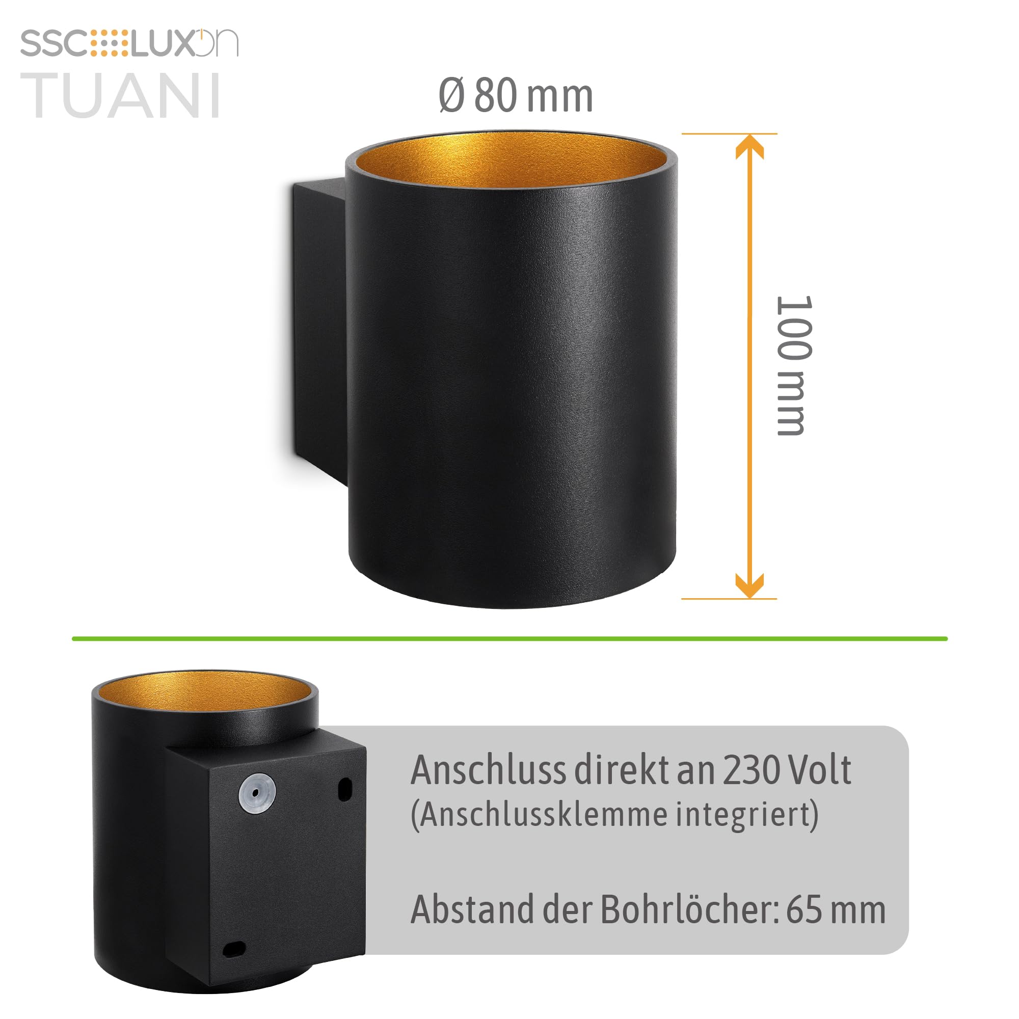 TUANI Wandleuchte Innen schwarz rund Gold Design Up Down Leuchte Fassung für 1x G9