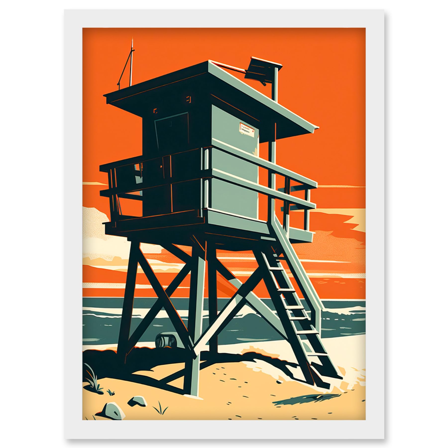 Artery8 Lifeguard Tower Seascape Pastel Colour Orange Teal Blue Beach Bathroom Artwork Framed Wall Art Print A4