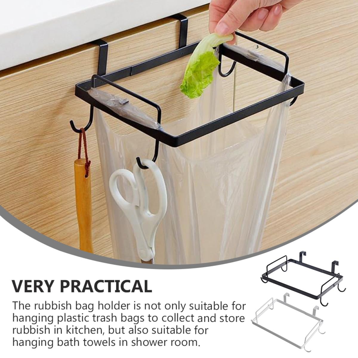 Żelazny uchwyt na worki na śmieci do drzwi szafki kuchennej, 2 sztuki, czarno-biały wiszący worek na śmieci, idealny do gospodarowania odpadami domowymi i oszczędność miejsca