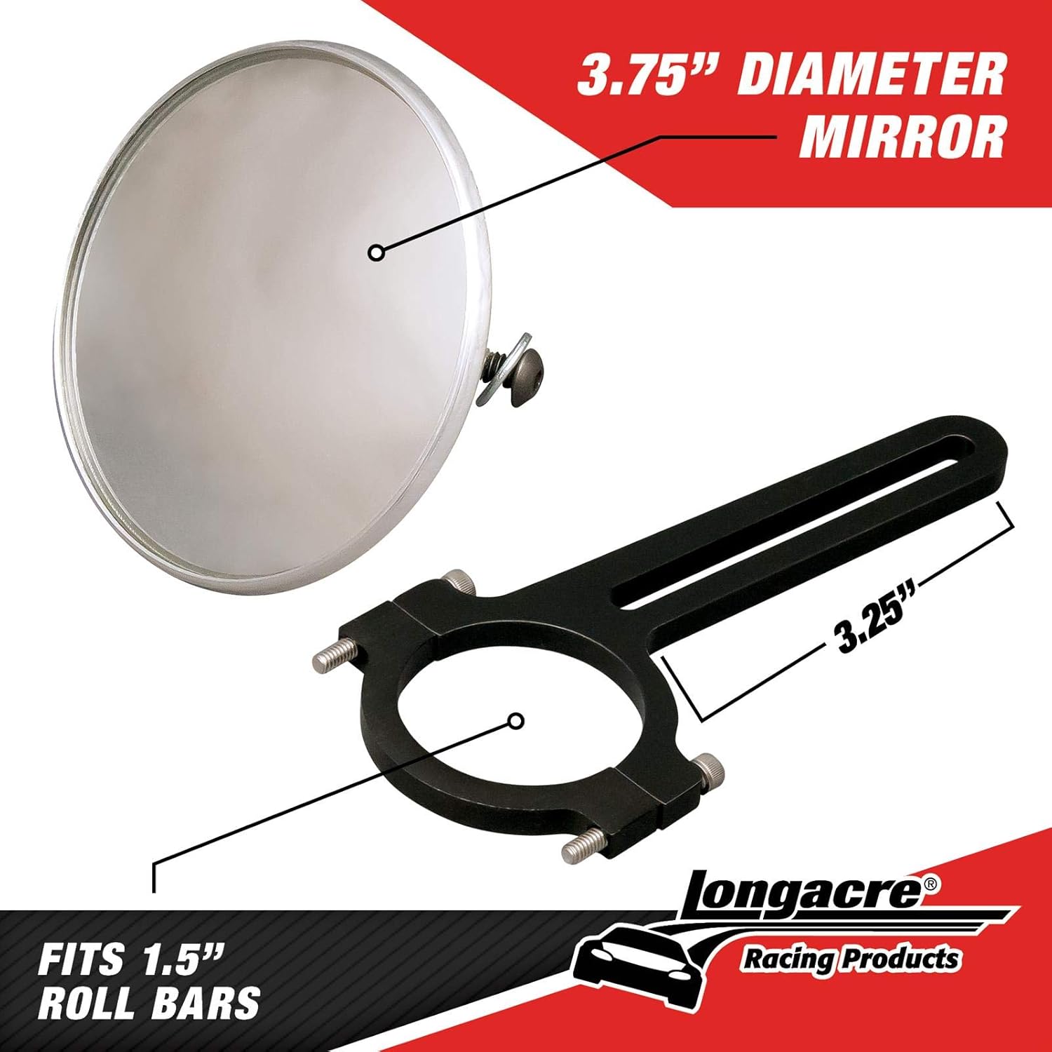 Longacre 52-22549 Spot Mirror, Clamp On, 1-1/2 Inch Roll Bar