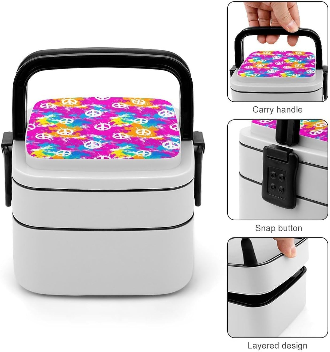 Tie-dye Peace Bento Box with Spoon 2 Layer Food Container Cute Lunch Box for Travel Dining Work