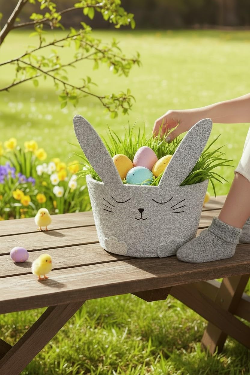 10x Filzkorb Hase mit Ohren grau Osternest Dekoration