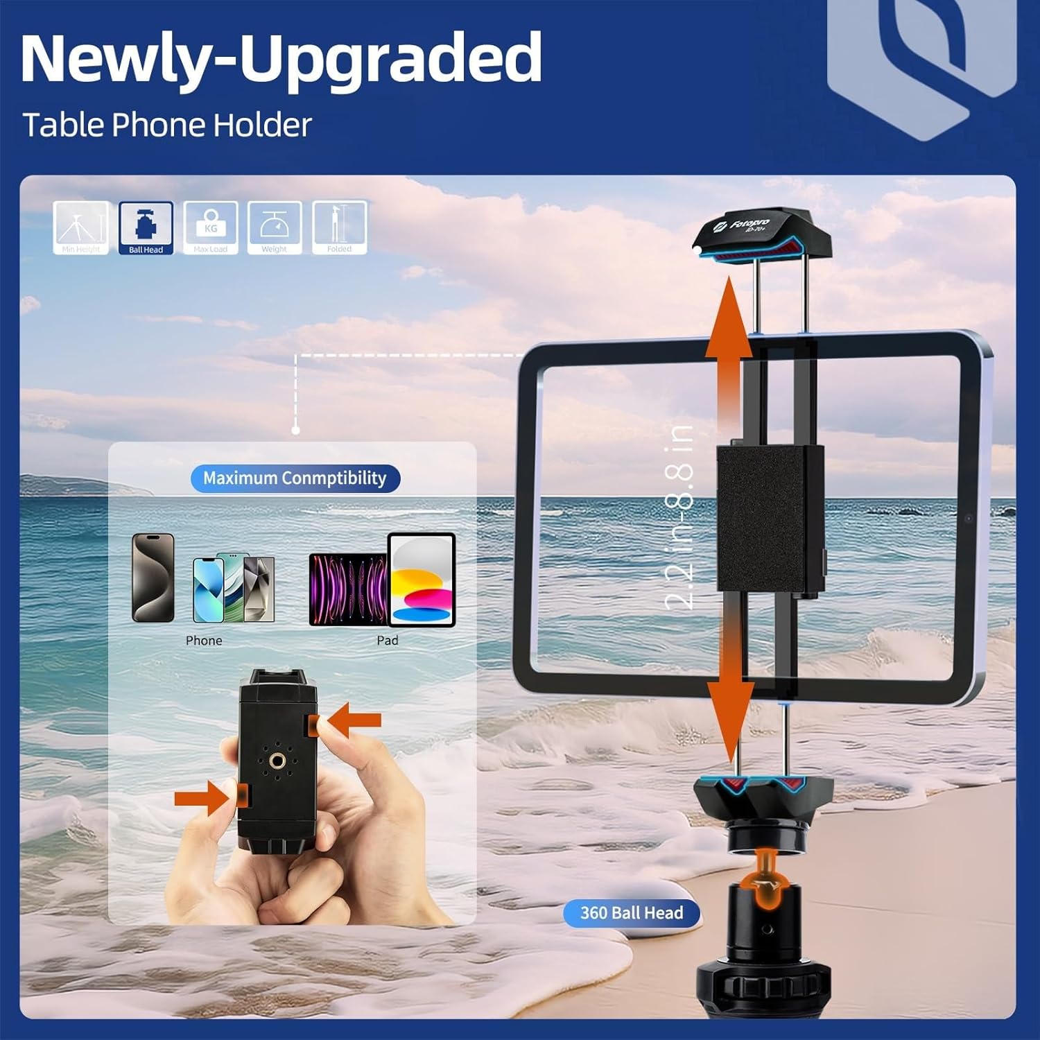 Fotopro iPad Tripod Stand with 360 Ball Head for Camera, Phone, Tablet & More - Cold Shoe, Flexible Phone Tablet Holder for Vlogging, Live Streaming & Selfie
