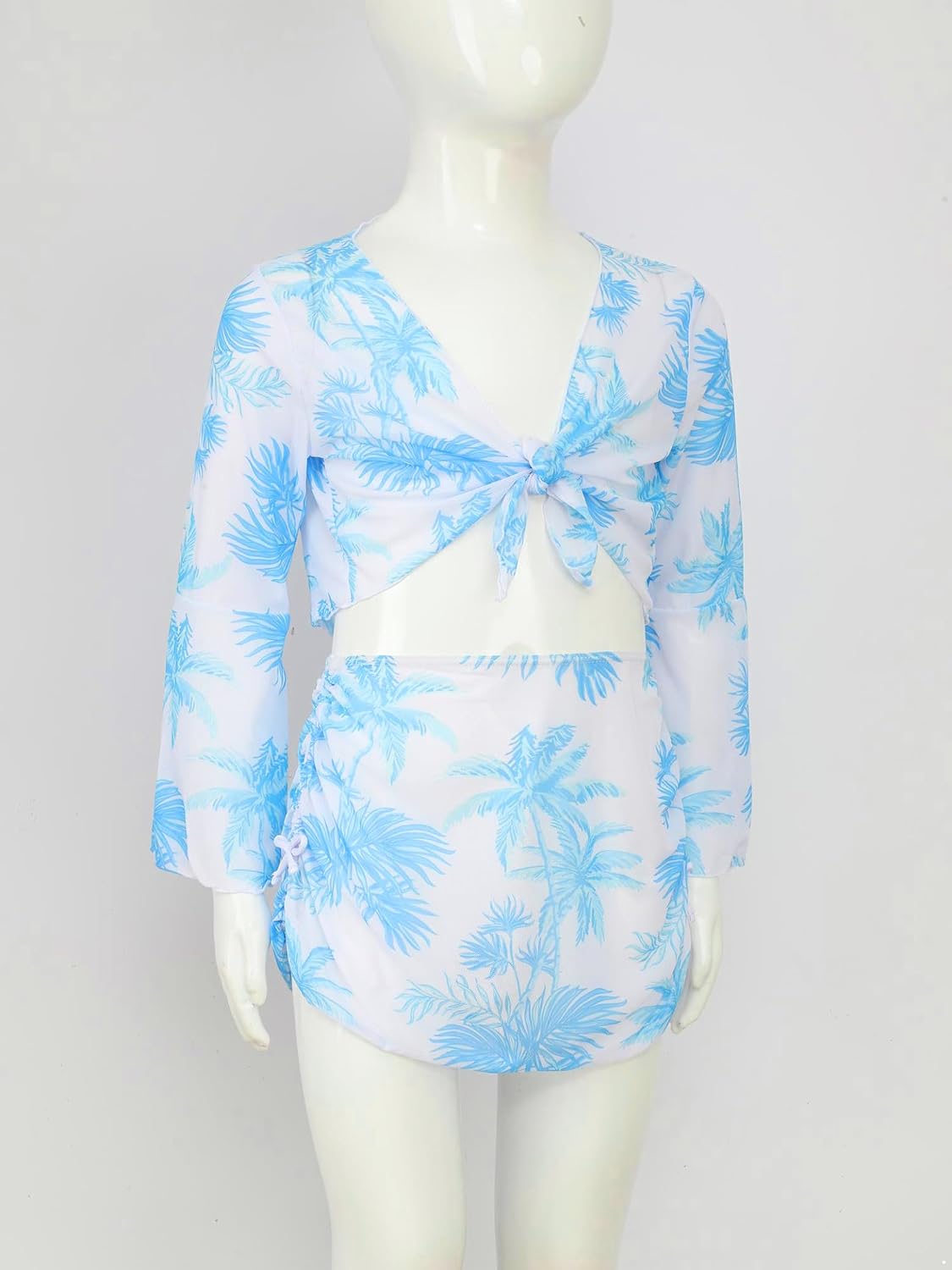 4Pcs Girls Bikini with Cover Up Top and Skirt Set Tropical Print Summer Beachwear Bathing Suit