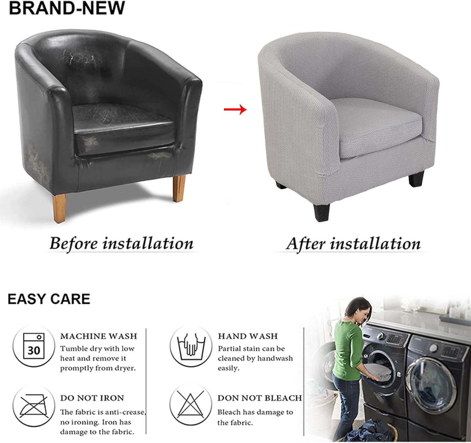 NILUOH Stretch Club Chair Slipcover 2-Piece Set for Barrel & Tub Chairs, Soft Armchair Cover - Removable Washable Furniture Protector, Living Room Armchair Cover,Light Grey