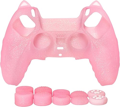Miniatura 2 de Funda de silicona antideslizante con purpurina de gato rosa compatible con controlador PS5SlimPro, 8 tapas de agarre para pulgar con purpurina y 2