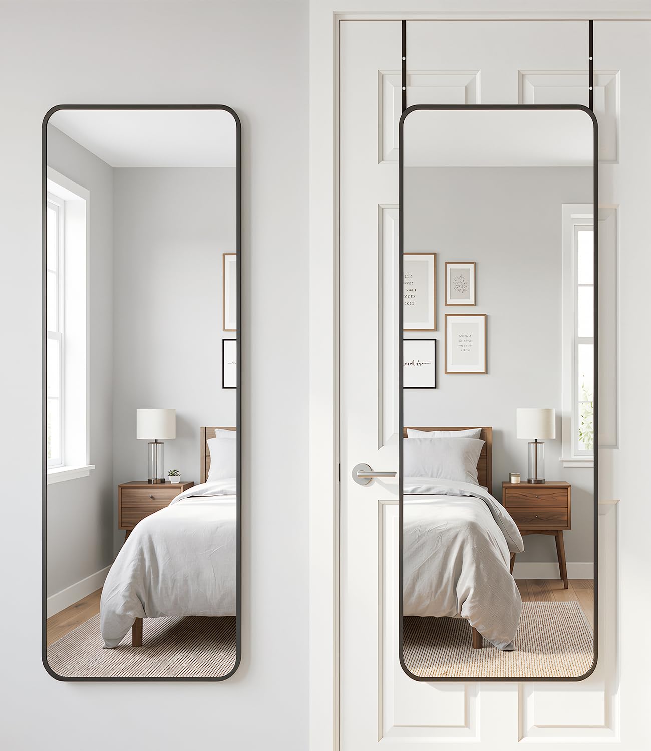 antok 58"x20" over the door mirror, full length mirror door hanging with aluminum metal frame, rectangle wall mounted body mirrors for bedroom, dressing & makeup mirrors for daily outfit check, black