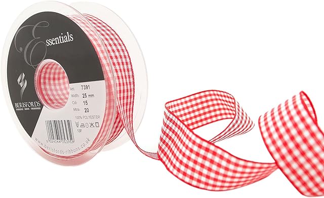 Berisfords 7391 20 m x 25 mm Traditional Check Gingham Ribbon, Red