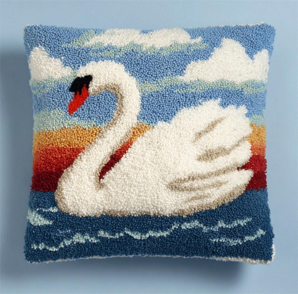 kitphoenix Latch Hook Kit Unfinished Cushion Cover with Printed Canvas Swan Pillowcase Sewing Making Kits for Beginners Adults Embroidery Kits Home Decoration 17X17Inch