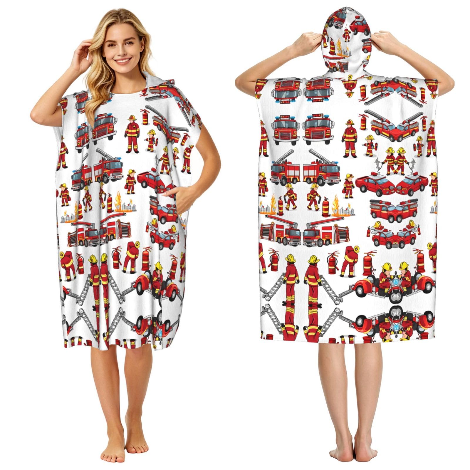 Poncho à capuche en microfibre pour enfant avec imprimé pompiers et serviette de plage