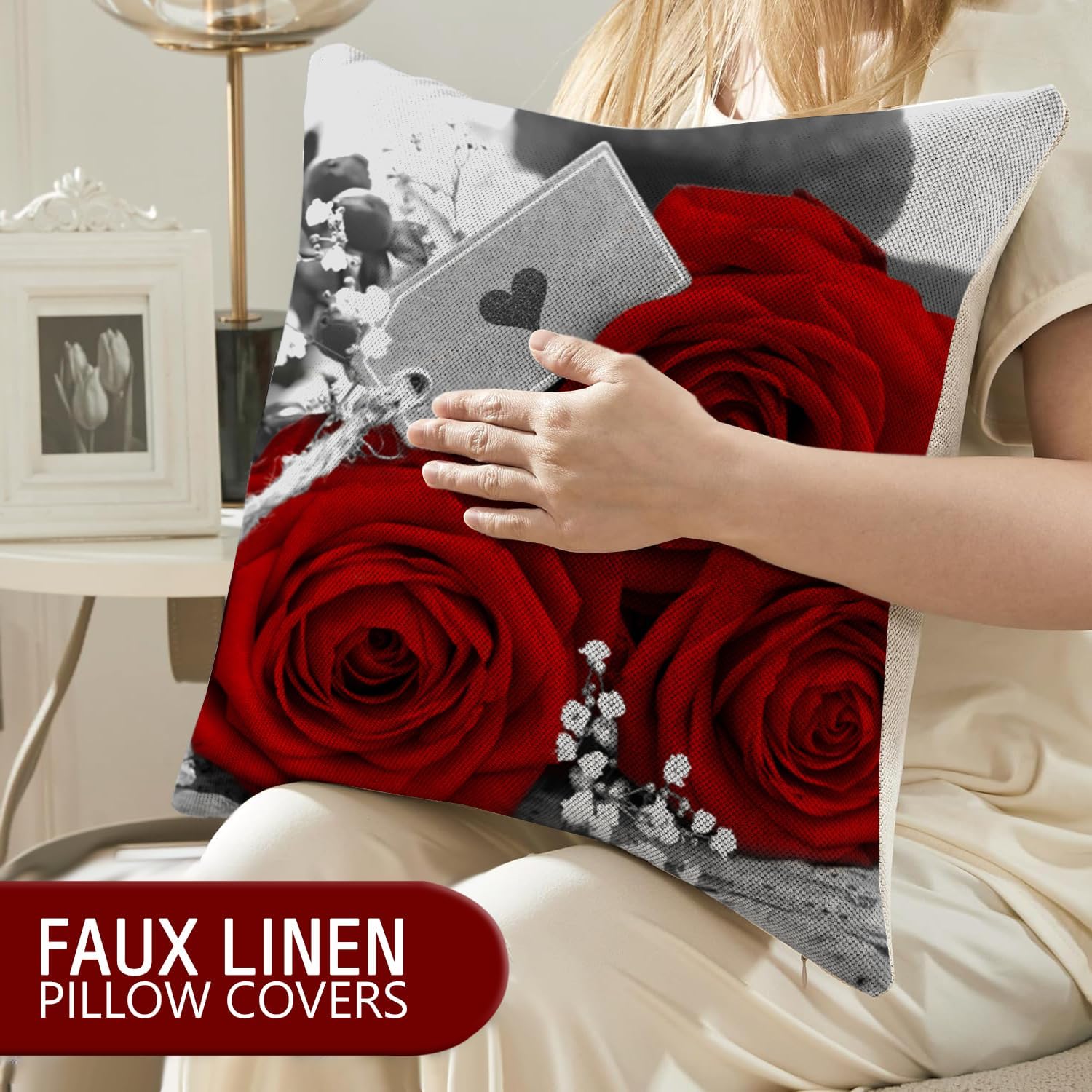 Red Throw Pillow Covers 4 Pack 18x18 Romantic Red Rose Black Gray Decorative Pillow Covers for Couch Bed Outdoor Flower Linen Farmhouse Pillow Cases Spring Summer