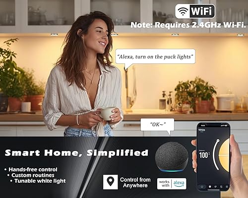 Miniatura 2 de Cefrank Luces de disco inteligentes WiFi (paquete de 6) - Kit de iluminación para debajo del gabinete controlado por Alexa y aplicación, regulable,