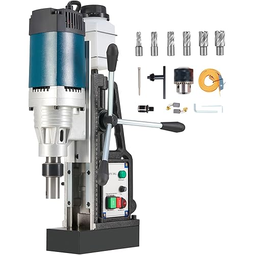 ZELCAN 1200W Mag Drill Press, Portable Magnetic Drill Press with 2" Boring Diameter, Heavy Duty Magnetic Drill with 6 Drill Bits, 2920 lbf 500 rpm Electric Drilling Machine with All-Copper Motor